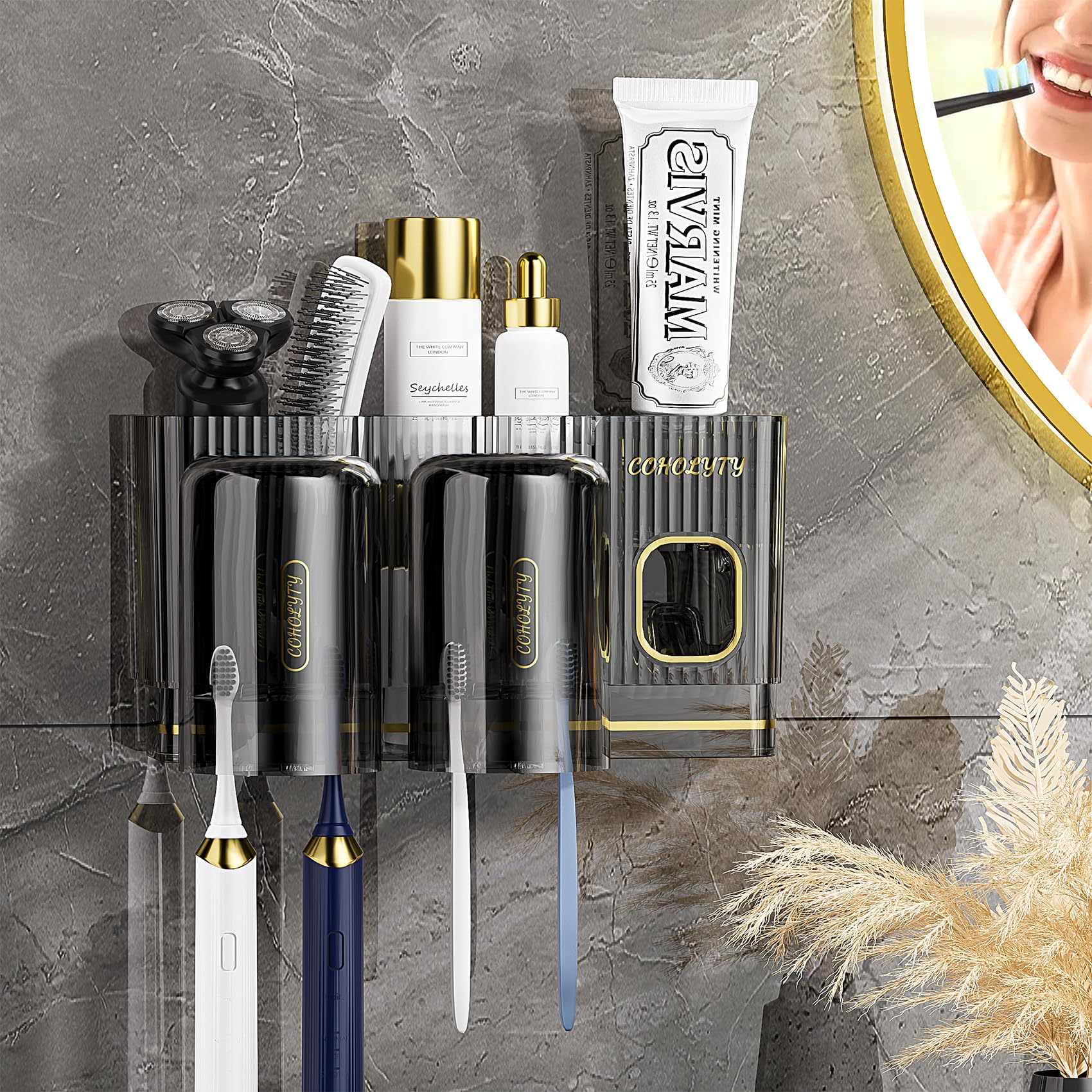 Portaspazzolino da parete con dispenser per dentifricio, set di 2 tazze, 6 scomparti per spazzolini, 2 organizer per cosmetici (nero, 2 tazze)