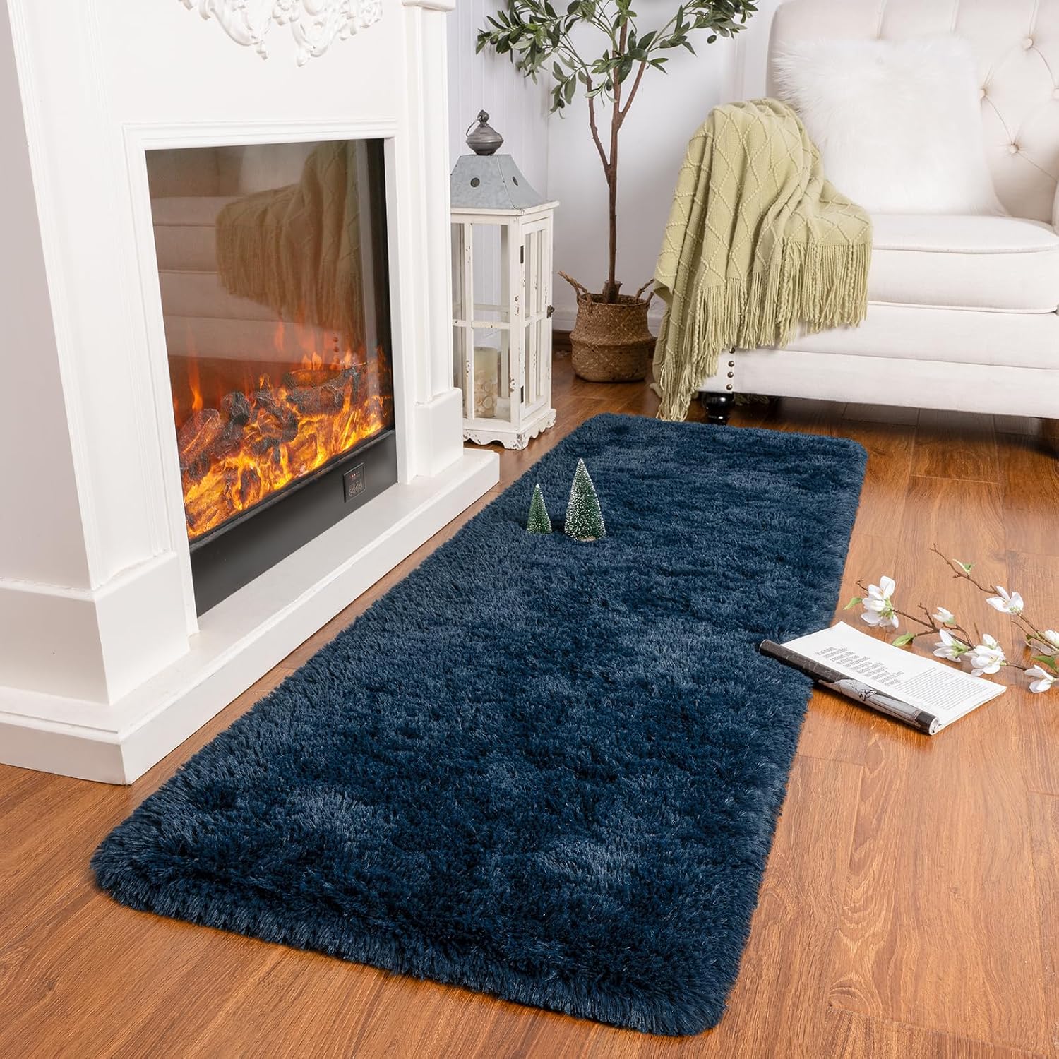 Runner Rug for Bedroom, 2x6 Soft Shag Fluffy Area Rugs for Girls Boy's Room, Plush Shaggy Carpet with Non-Slip Bottom for Living Room Dorm, Navy Blue
