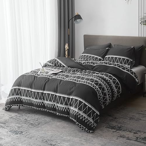 Miniatura 5 de HYPREST Fundas de edredón negras King - Funda de edredón negra de 3 piezas, tamaño King, patrón bohemio con cierre de cremallera y lazos en las