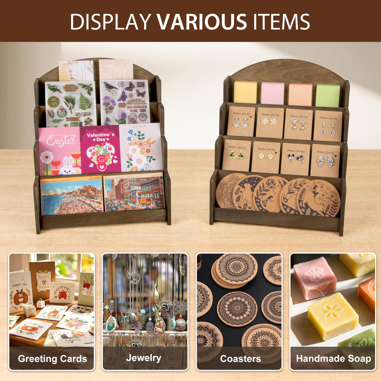 Expositor de postales de madera marrón para tiendas minoristas