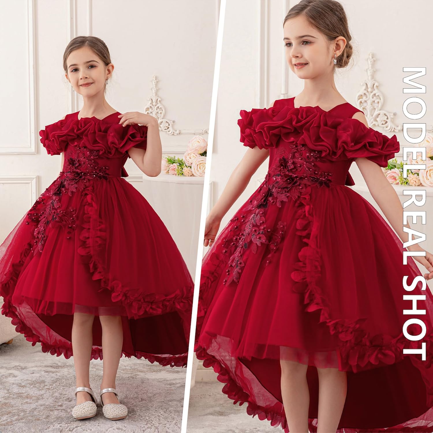 Girl's Princess Dress, Birthday Party, Pageant Gown - Ruffle Tulle Satin Princess Dresses with Kids Train - Image 5