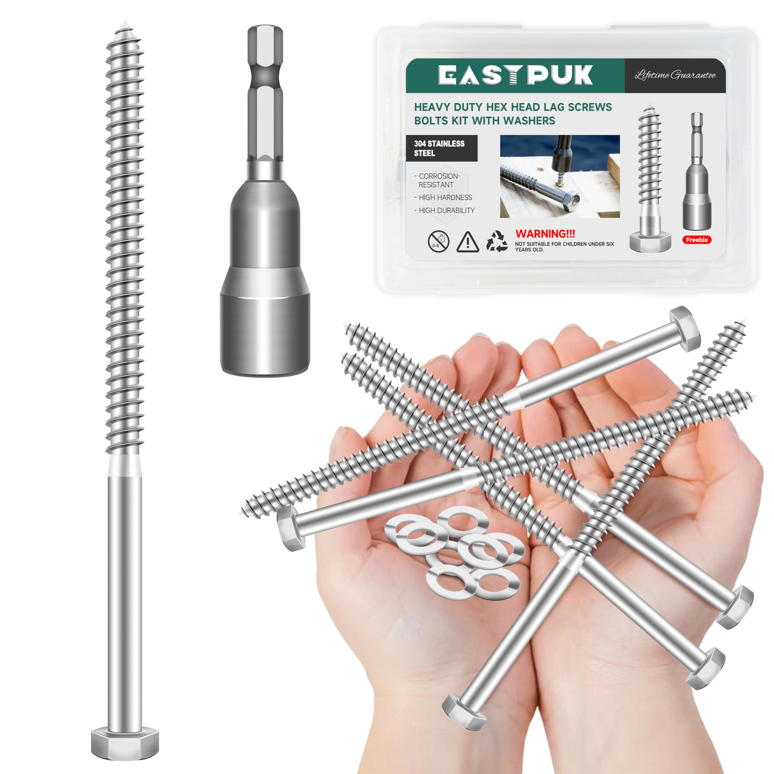 Stainless Steel Lag Screws - 8 Pack, 3/8" x 4" -16