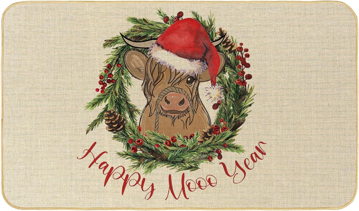 AnyDesign Christmas Welcome Doormat Highland Cow Front Door Mat Happy Mooo Year Non-Slip Door Rugs Indoor Carpet Floor Mat