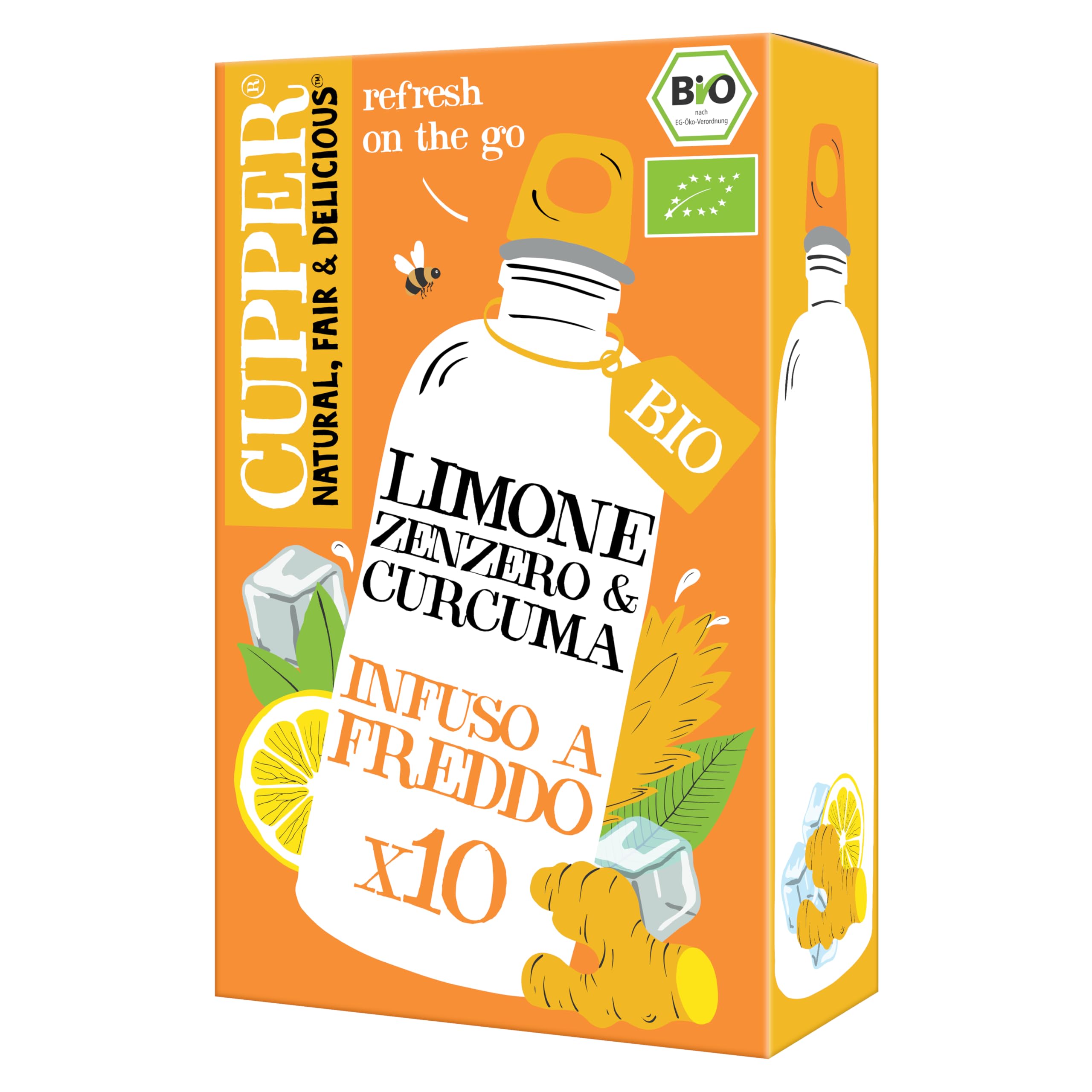 CUPPER Infuso a Freddo con Limone, Zenzero e Curcuma, Tisana Fredda a Casa o On the Go, Senza Zuccheri Aggiunti, 100% Ingredienti Naturali, Gusto Intenso, Confezione da 10 Bustine