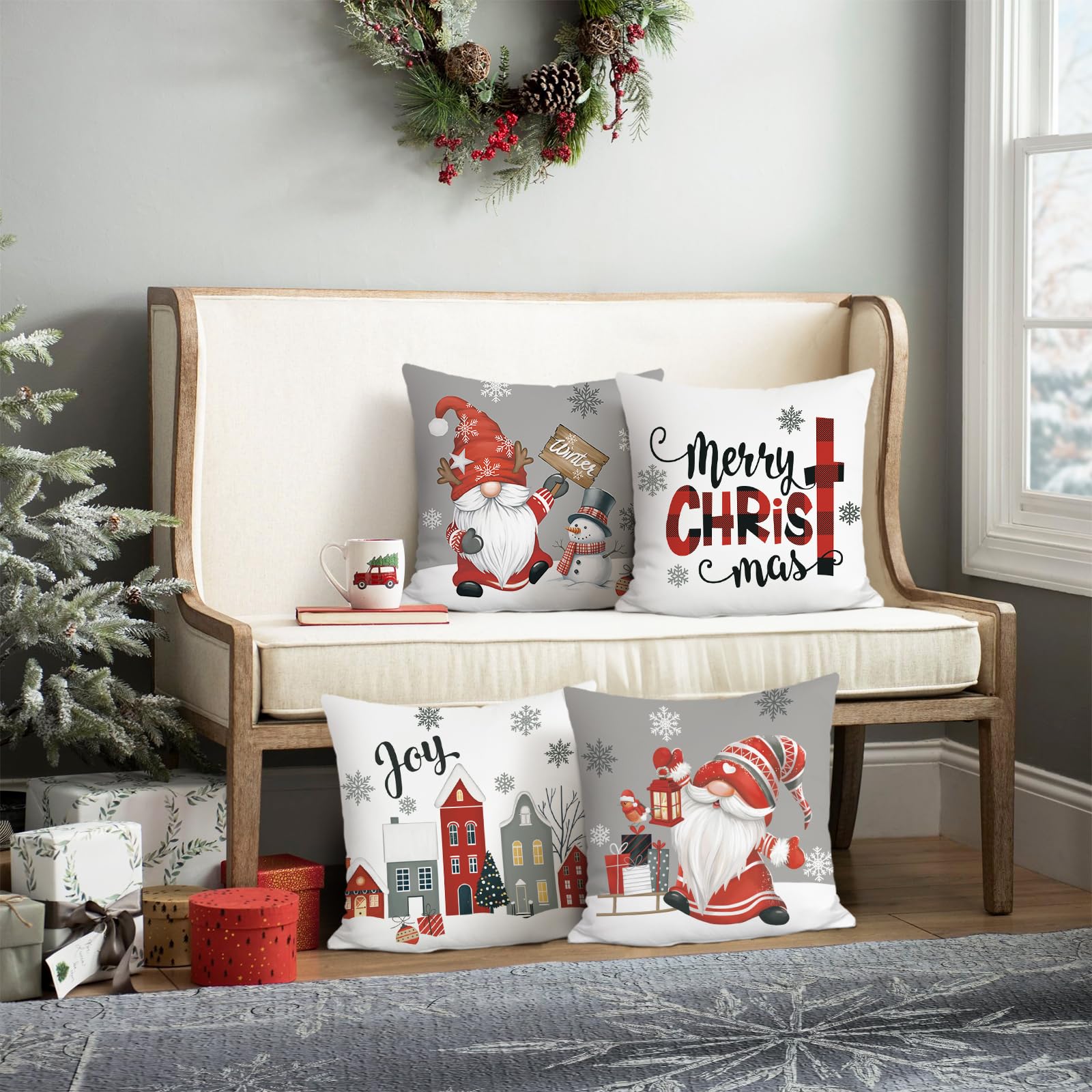 Bonhause Christmas Gnome Cushion Covers 45 x 45 cm Merry Christmas Tree Red Truck Decorative Throw Pillow Covers Polyester Linen Pillowcases for Sofa Bed Winter Xmas Decor Set of 4 - Image 2