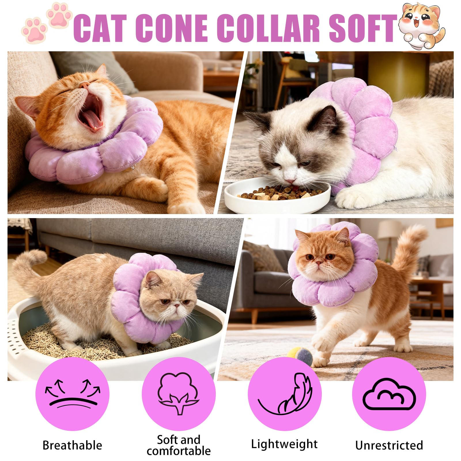 QKURT Colerette Chat Anti Léchage, Doux et Confortable Ajustable Collerettes Chat pour Chatons Anti Lechage Après Chirurgie, Joli Tournesol