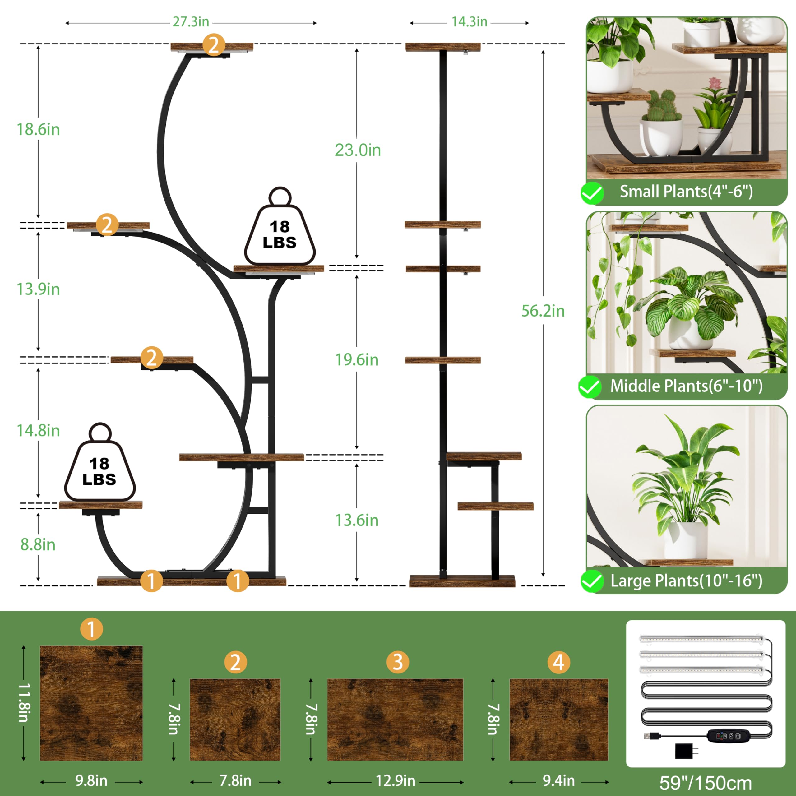 Support pour plantes d'intérieur avec lampes de croissance – Étagère lumineuse pour plantes d'intérieur – 7 niveaux – Support d'angle pour plantes d'intérieur – Grande étagère de présentation de
