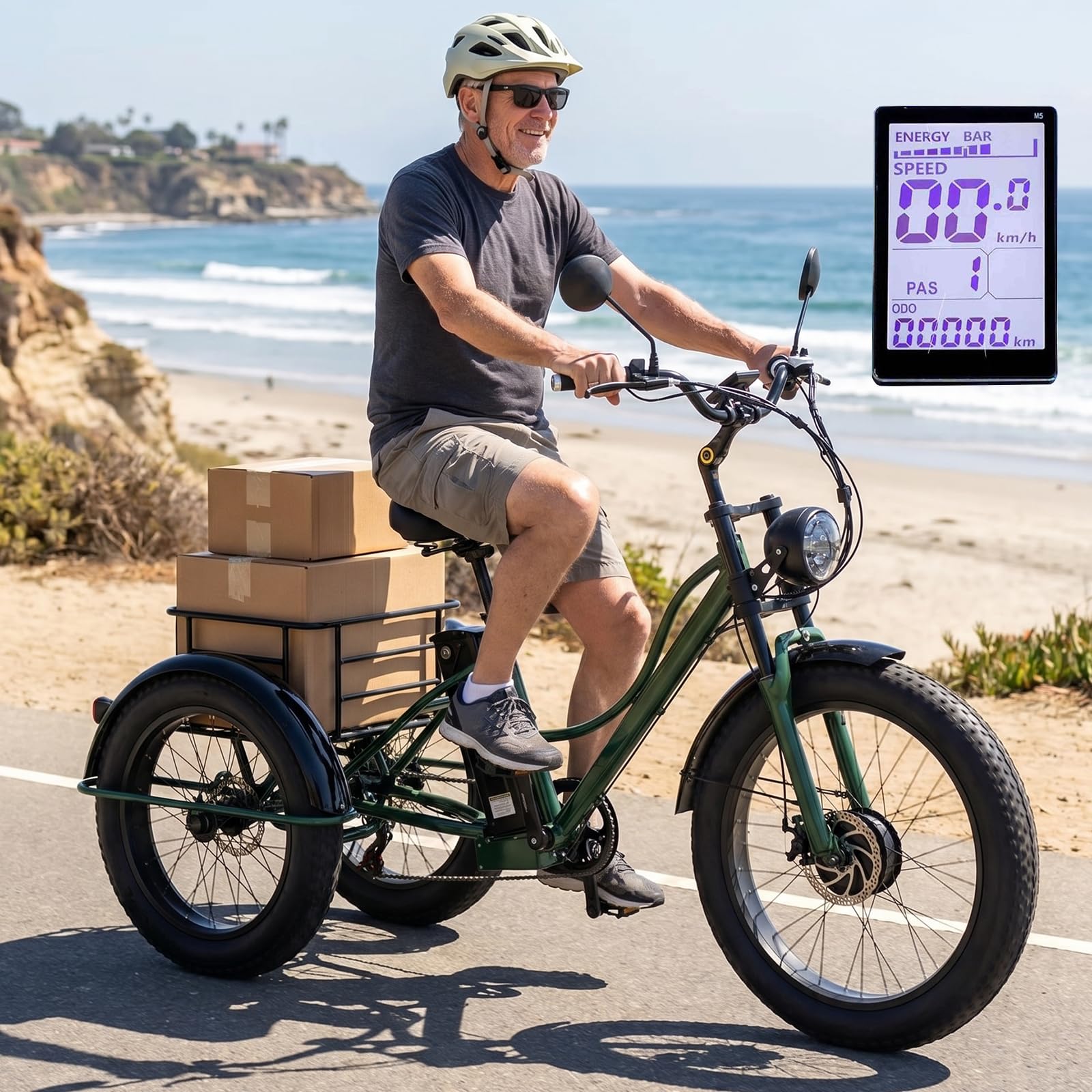 ZHZWwansuGE Adult Electric Tricycle, 24″ Fat-Tire Pedal-Assist Tricycl, 3 Riding Modes, 48v 18ah Battery – 40km Range, 10° Climbing Capability, Dual Front & Rear Disc Brakes, Commuter Vehicle Green