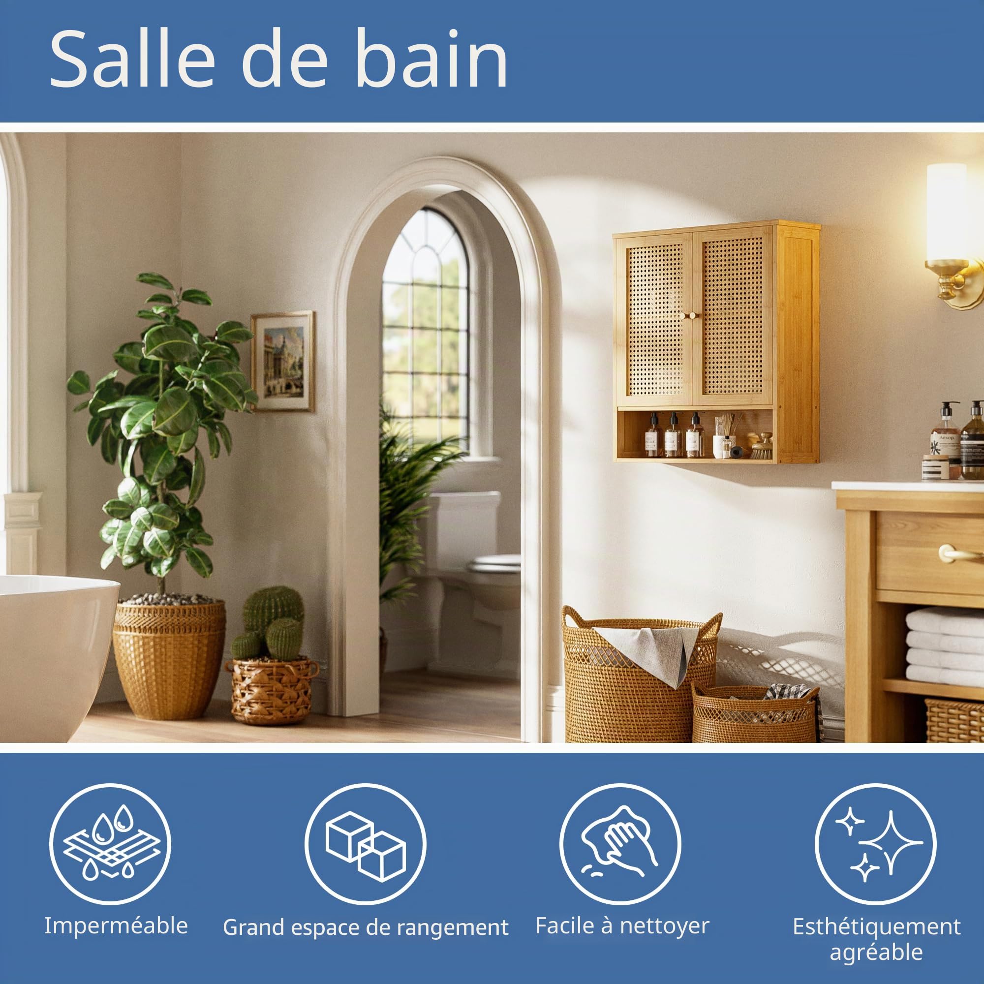 HITNET Armoire Murale en Rotin, Armoire à Pharmacie en Bambou à Portes Doubles avec Étagères Réglables,Meuble de Rangement Suspendu au-Dessus des Toilettes pour Cuisine, Salon, Buanderie (Naturel)