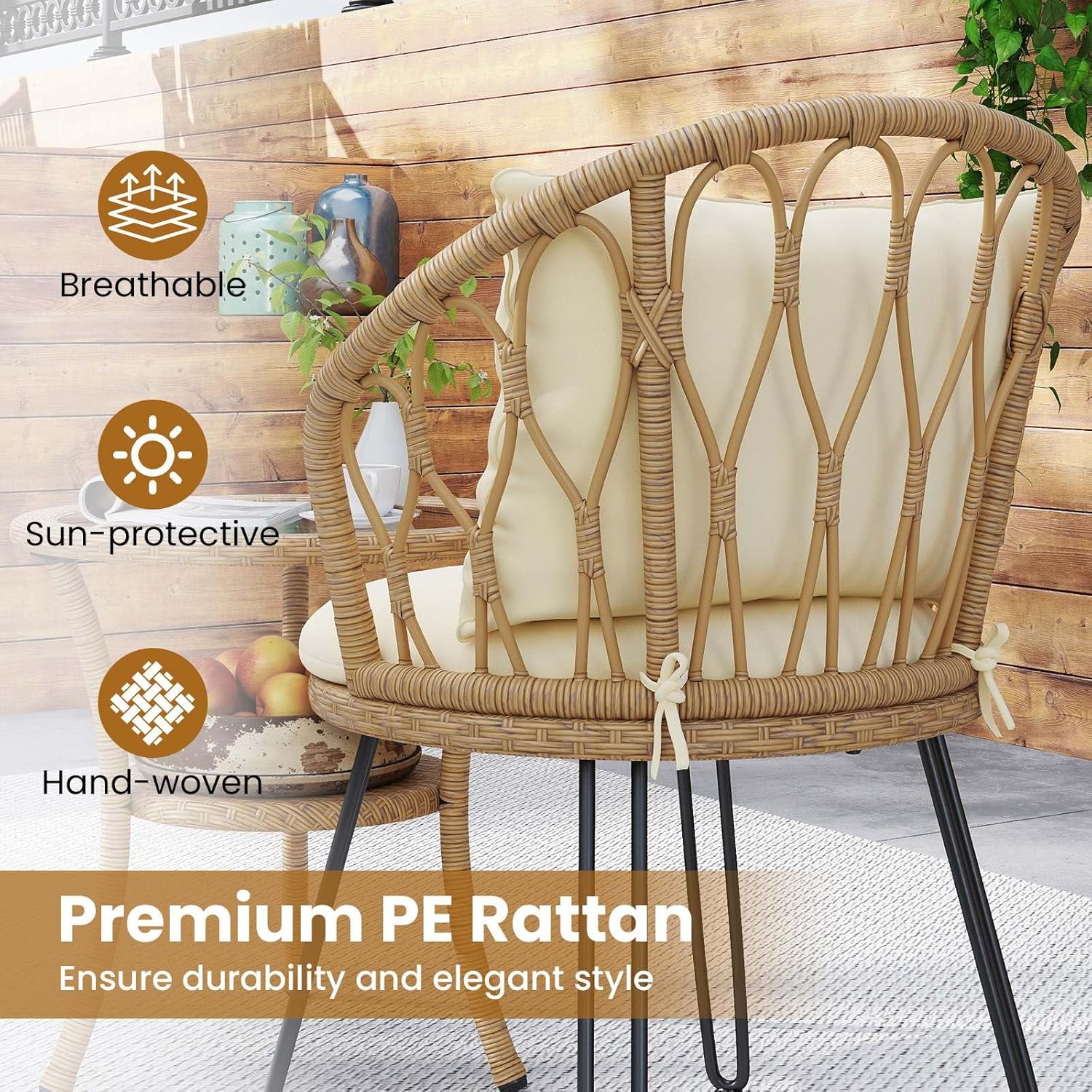 Costway 3 Pieces PE Wicker Patio Bistro Set, Outdoor Conversation Set with Cushions and 2-Tier Tempered Glass Coffee Table, Outside Furniture Set with Rattan Chairs for Porch, Balcony, Deck and Garden