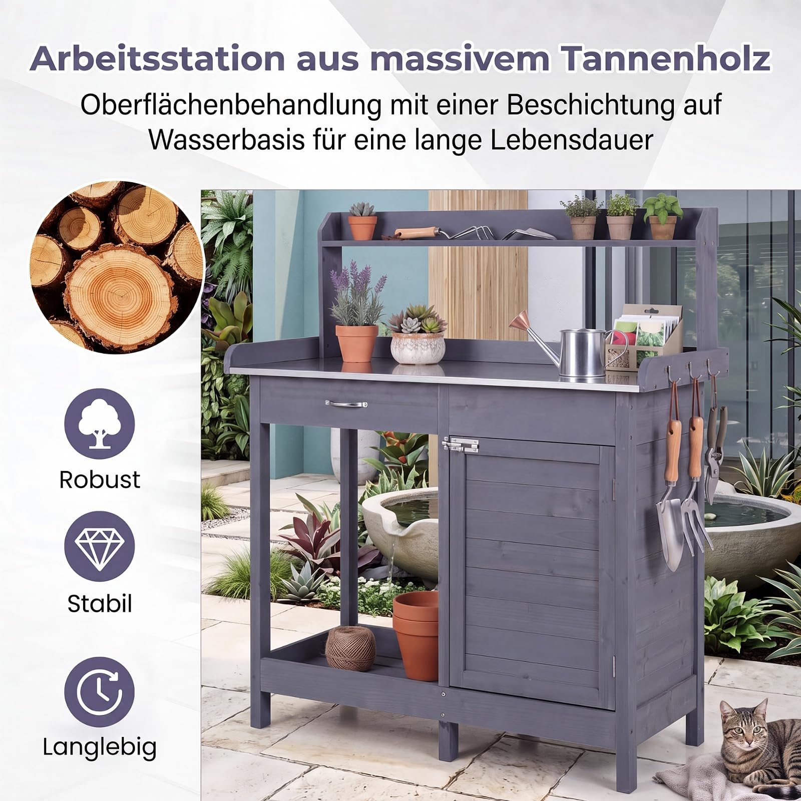 GYMAX Pflanztisch mit Unterschrank, 112 x 46,5 x 125 cm (Grau)
