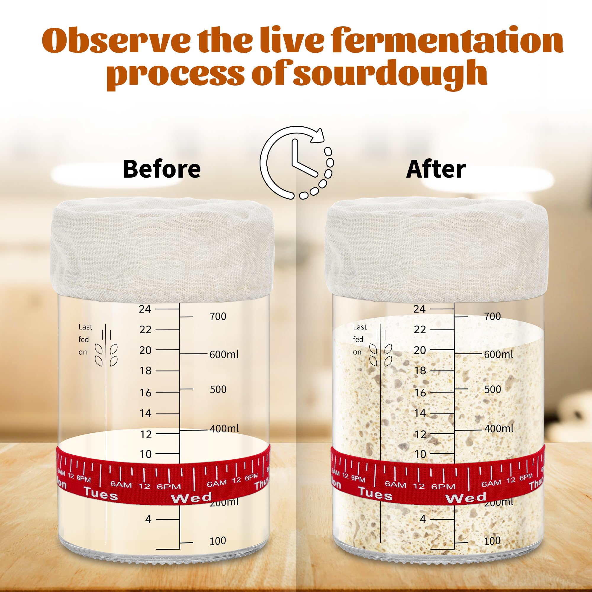 Malto Per Panificazione Kit Lievitazione Naturale Kit Pasta Madre 2 Barattoli Vetro 1,5L - Bocca Larga Con Scala Graduata E Termometro Contenitori Lievitazione Fasce Data Lievito Alimentare