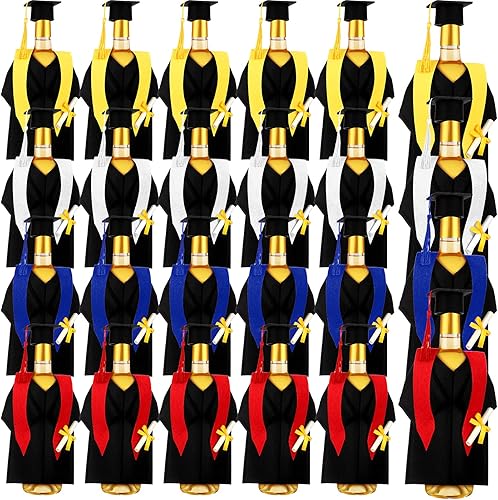 Tatuo Juego de 24 piezas de cubierta de botella de vino de graduación, vestido de graduación de fieltro y mini gorra de doctorado de graduación,