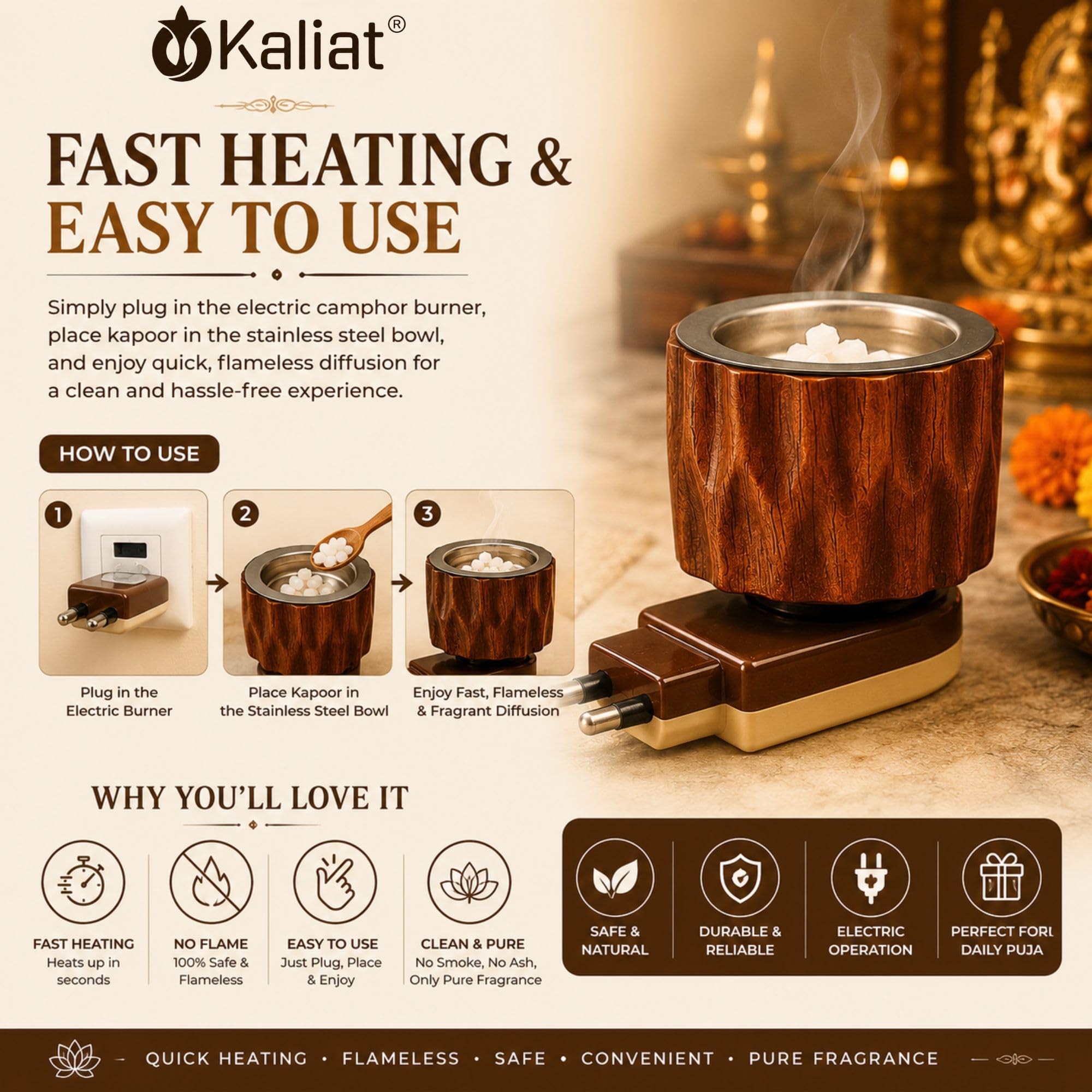 KALIAT Sheesham Wooden Electric Kapoor Dani | Premium Electric Camphor Diffuser for Home, Mandir & Puja | Kapur Burner for Aromatherapy, Meditation & Natural Air Freshening | M-501 4