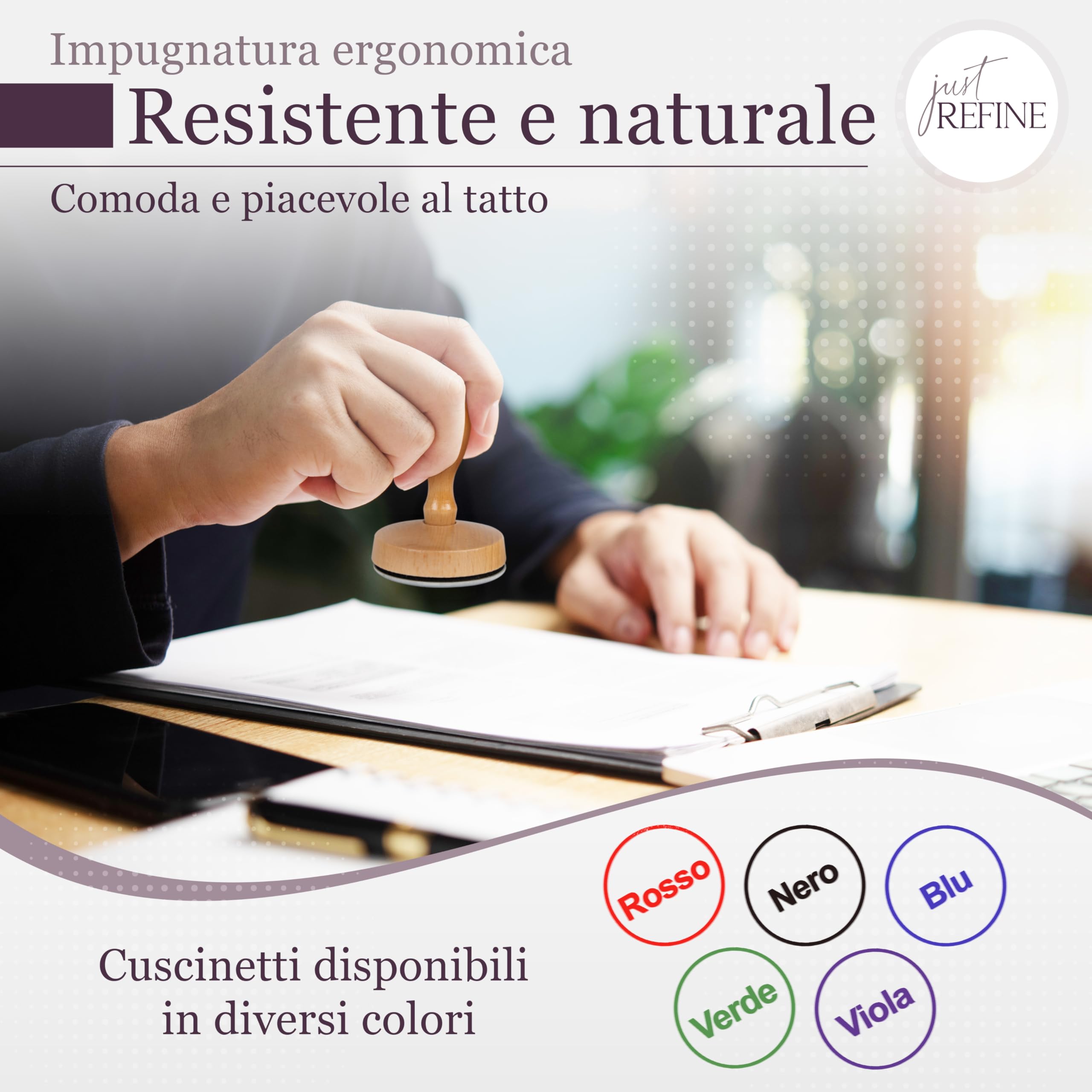 Timbro personalizzato, timbro con logo/testo, timbro aziendale con logo e testo, timbro con indirizzo e data in legno, varie dimensioni (ø 50mm)