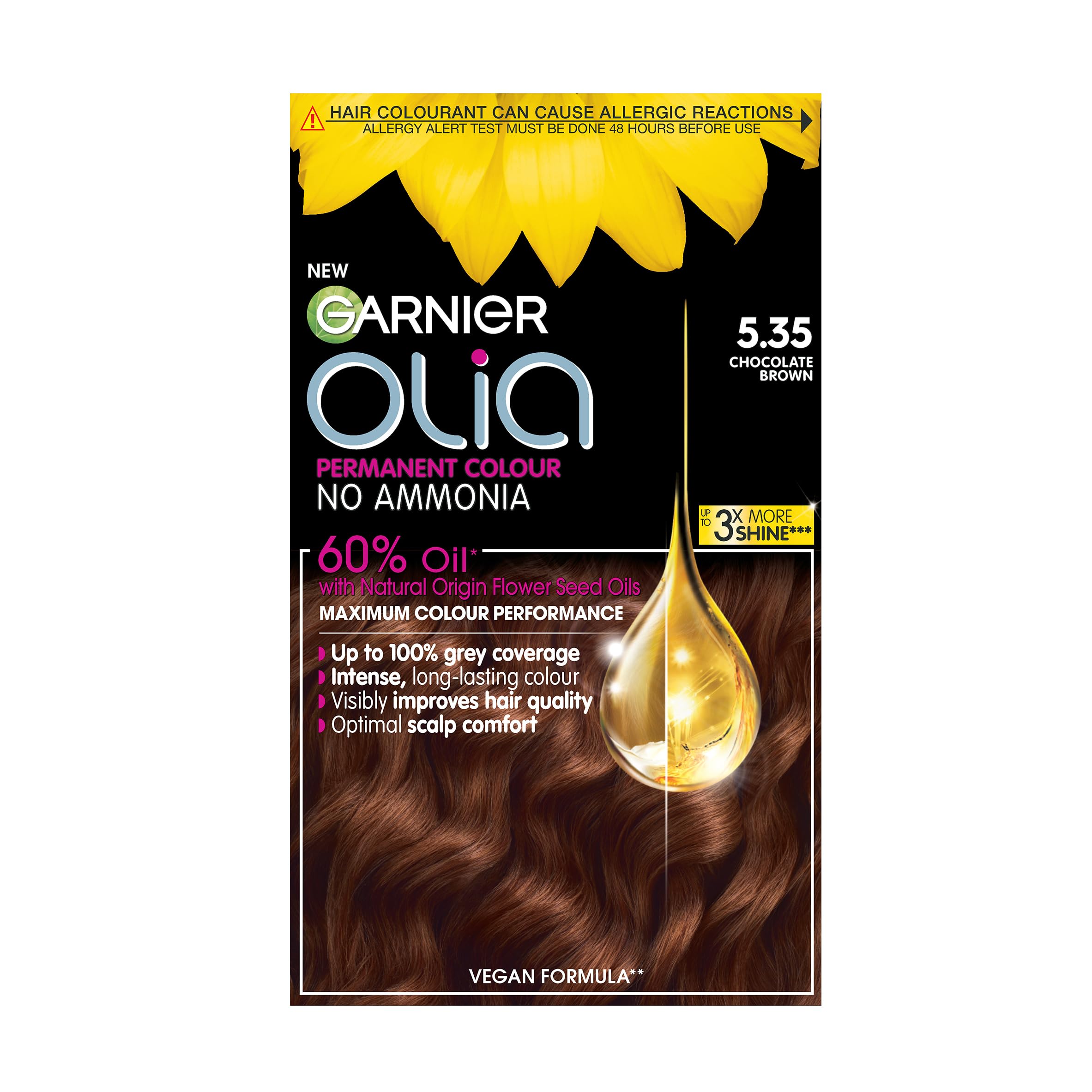 Garnier Olia Brown Hair Dye Permanent, Up To 100% Grey Hair Coverage, No Ammonia For A Pleasant Scent, 60% Oils - 5.35 Rich Chocolate Brown