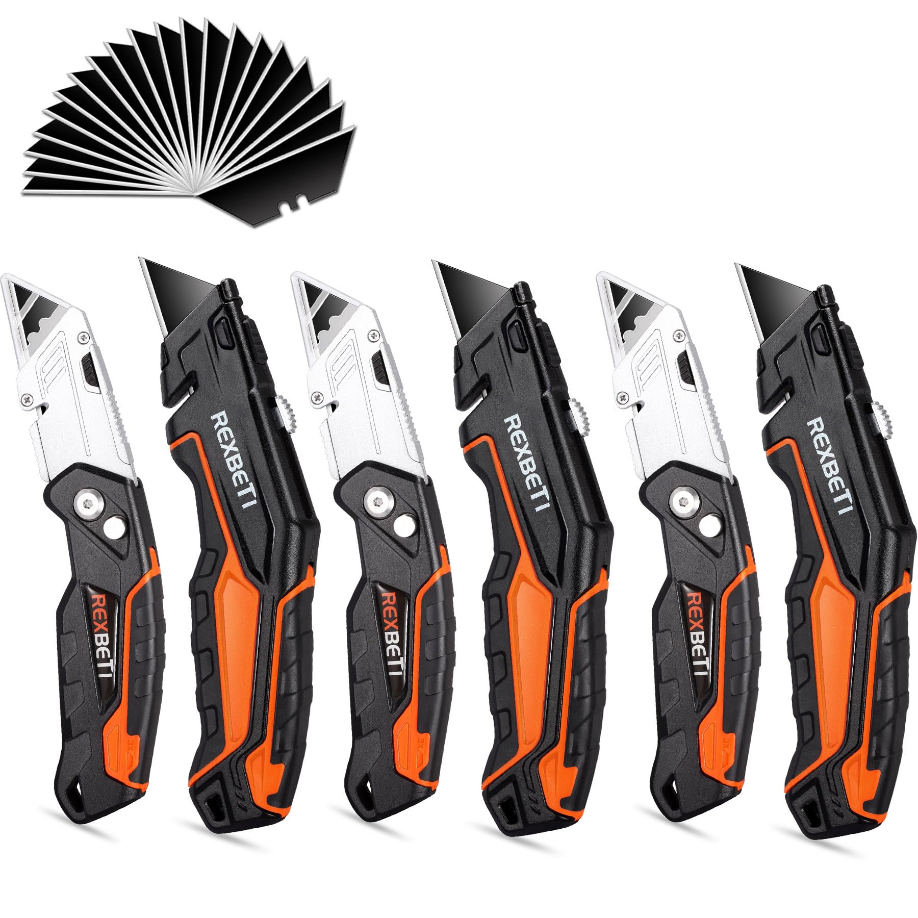 REXBETI 6 Pack Retractable Folding Utility Knife, SK5 Heavy Duty Box Cutter for Cartons, Cardboard and Boxes, Blade Storage Design, Extra 20 Blades Included