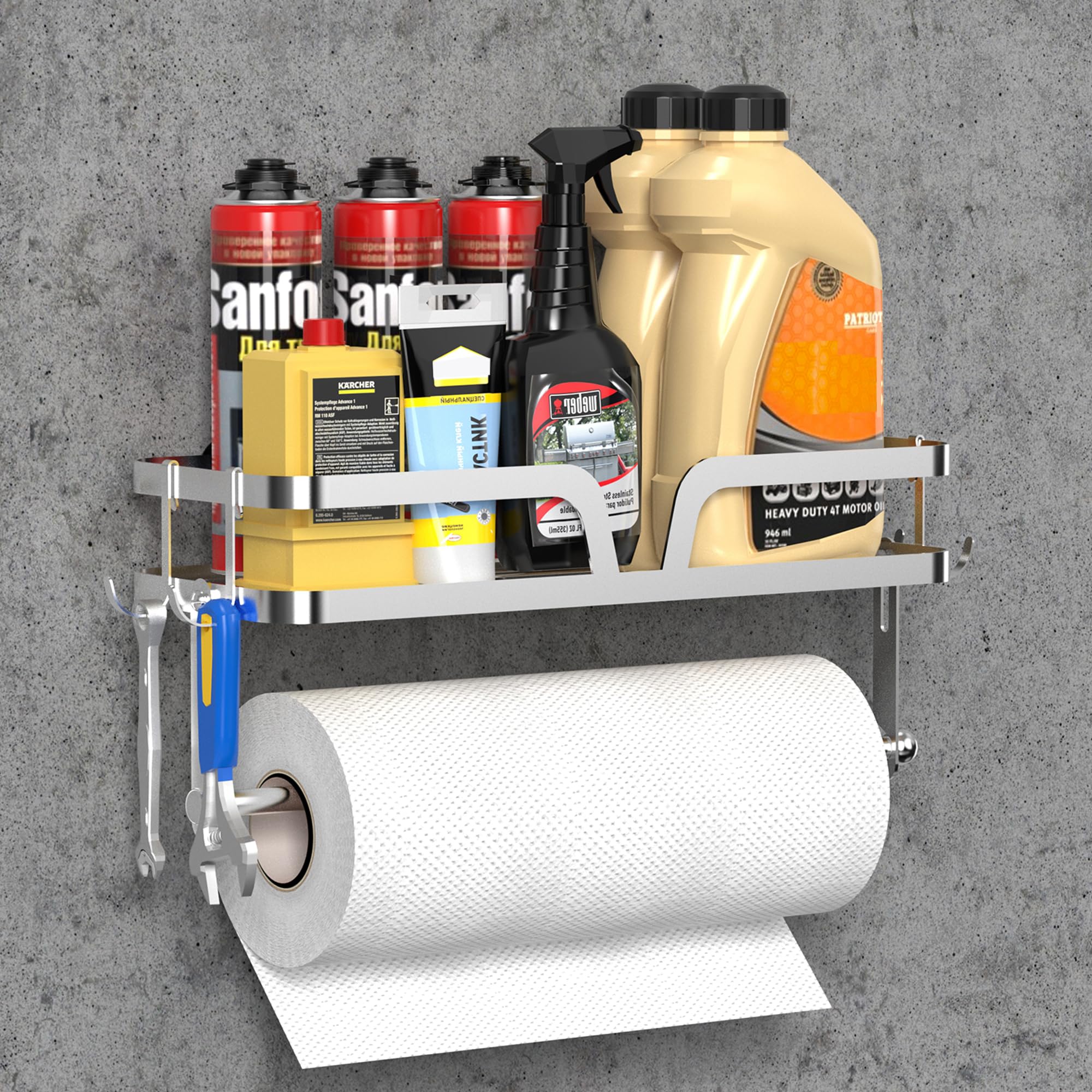 View 1 of ***MISSING PEICES***
YIGII Garage Paper Towel Holder with Shelf, 2-in-1 Wall Mounted Shop Paper Towel Roll Holder, Stainless Steel Adhesive Spice Rack with 4 Hooks for Kitchen and Tool Room, Silver
