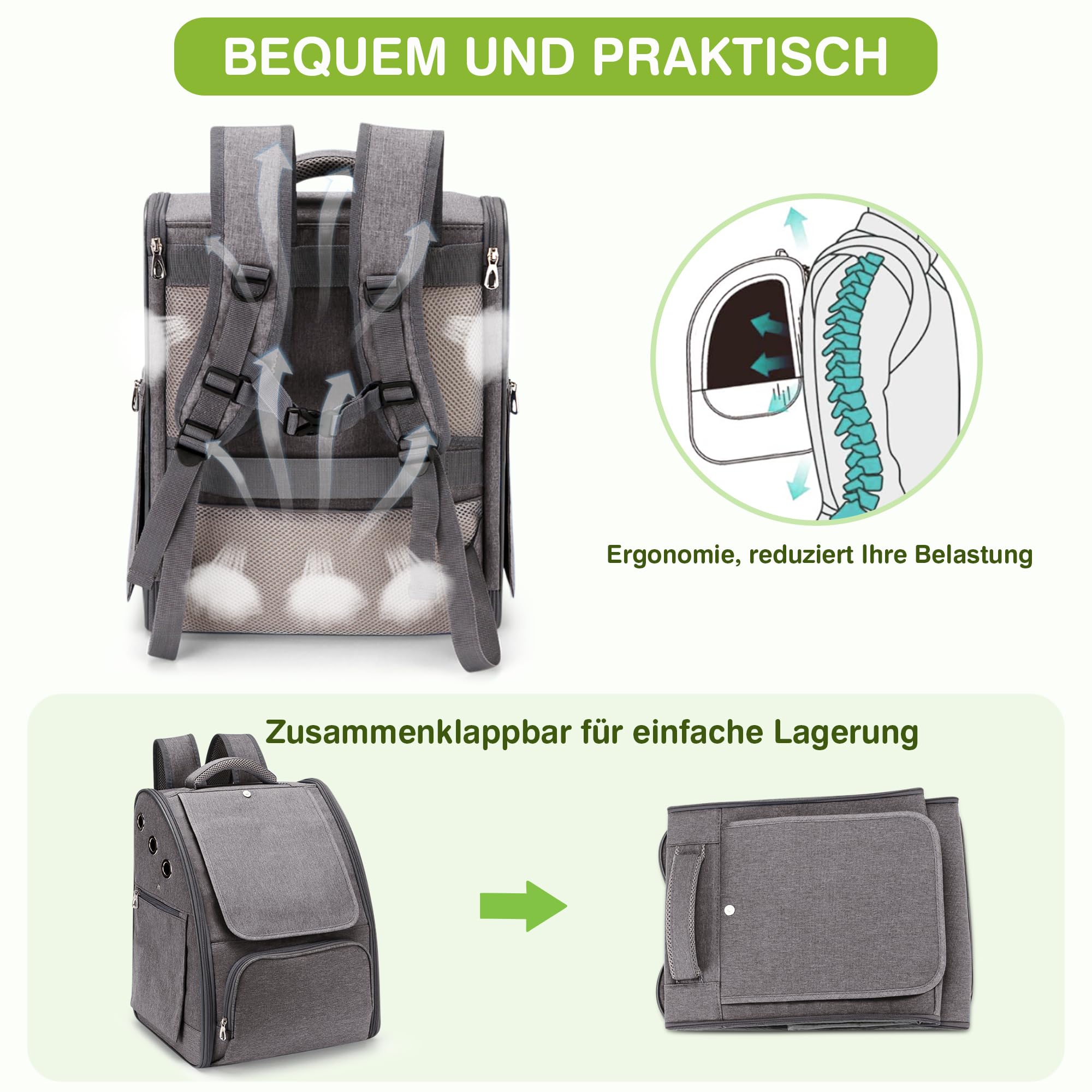 ALLSOPETS Katzenrucksack, Faltbarer Atmungsaktiver Hunderucksack mit Sonnenschutz für Klein Hunde und Katzen Ideal für Reisen Camping und Wandern (Graphitgrau)