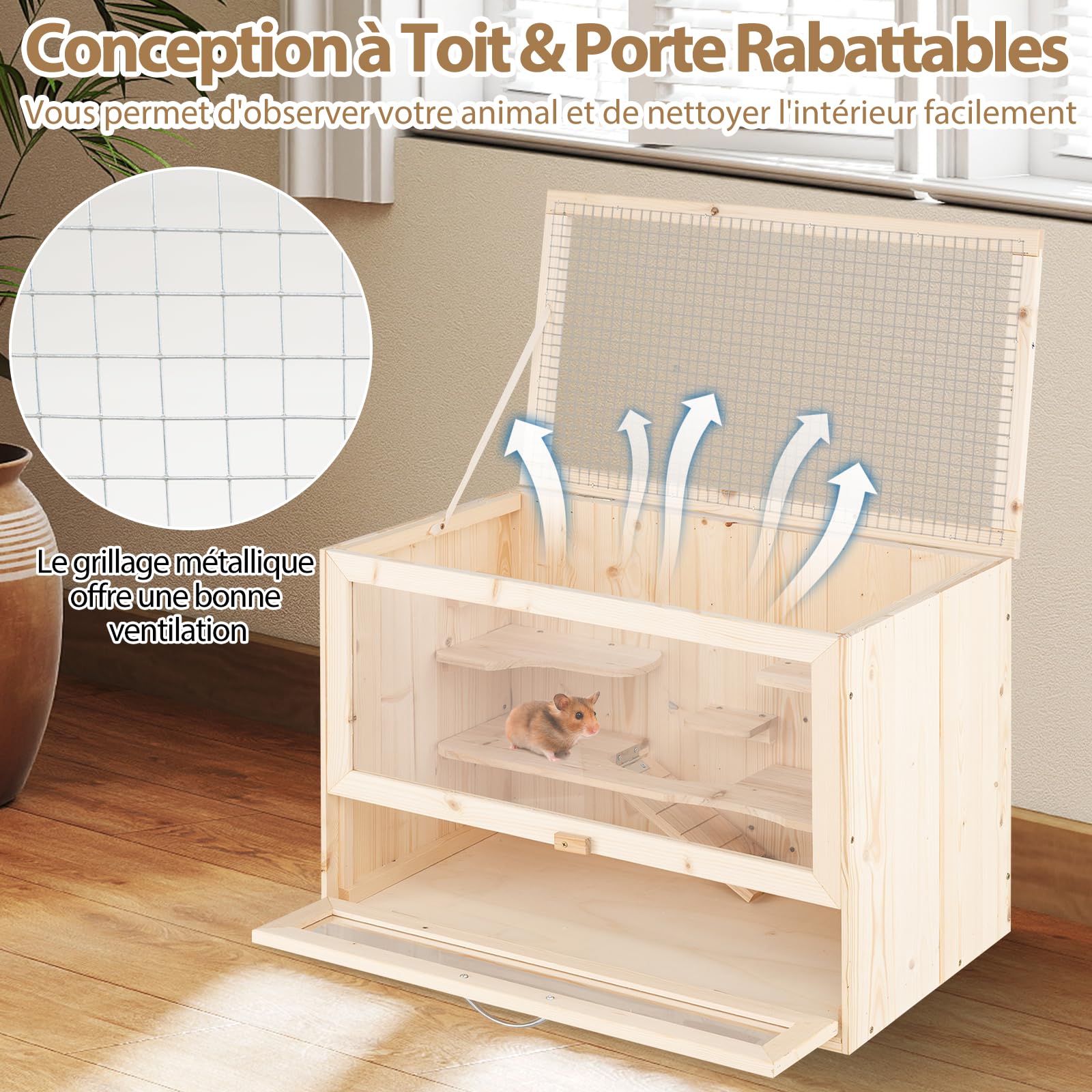 GYMAX Cage pour Hamster en Bois, Panneau en Acrylique Transparent, Échelle et Plateformes d'Activités, Toit Rabattable en Grillage, Maison pour Petits Animaux d'Intérieur, Hérisson, Cochons d'Inde