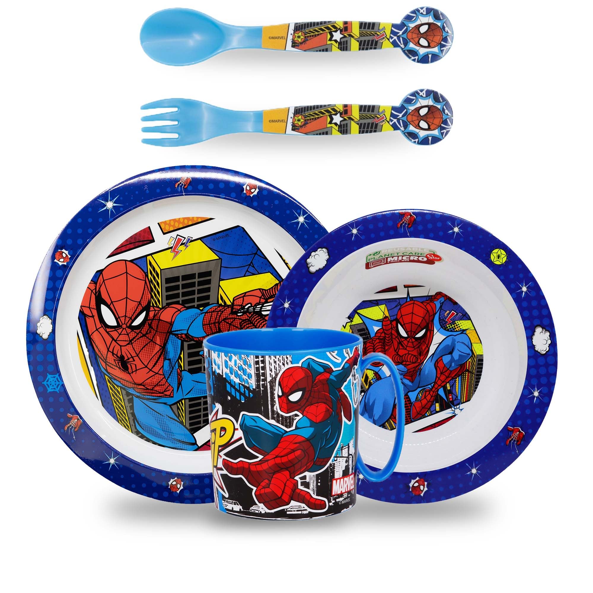 Set Piatti Bambini, Set pappa, Stoviglie bambini riutilizzabile per asilo, scoula, piatto, ciotola, posate, tazza 350ml, Set piatti in plastica dura, Spiderman