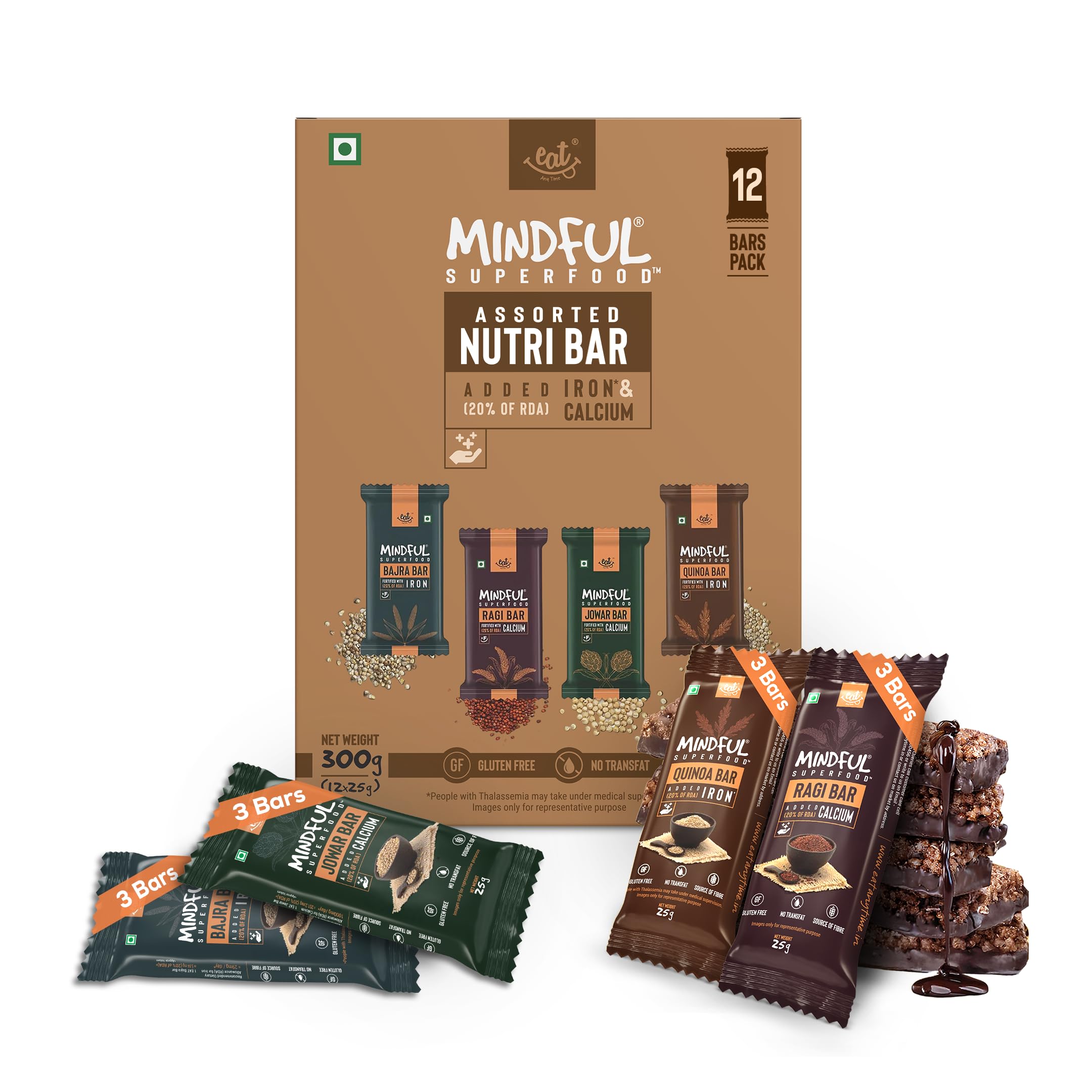 "Eat Anytime Multigrain Millet Energy Bars, 6 Bars | High Protein, High Fiber, No Added Sugar | Gluten Free Granola Bars with Ragi, Quinoa, Jowar, Dark Chocolate | Healthy Snack (150g)"