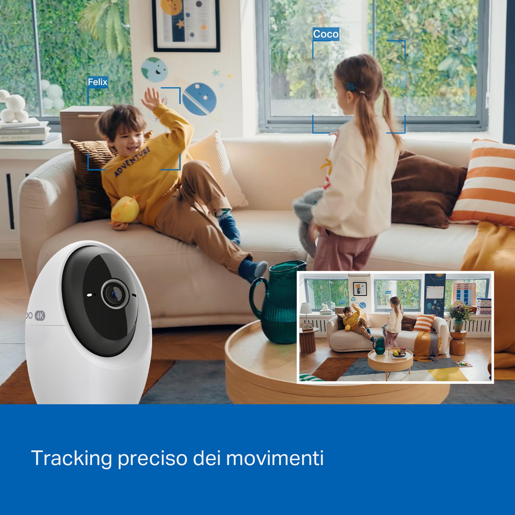 Tapo C260 4K 8MP Telecamera WiFi Interno, Rilevazione e Notifiche Smart AI, Riconoscimento Facciale, Visione Notturna Migliorata, Compatibile con Alexa, Modalità Avanzata di Privacy, Block Zones
