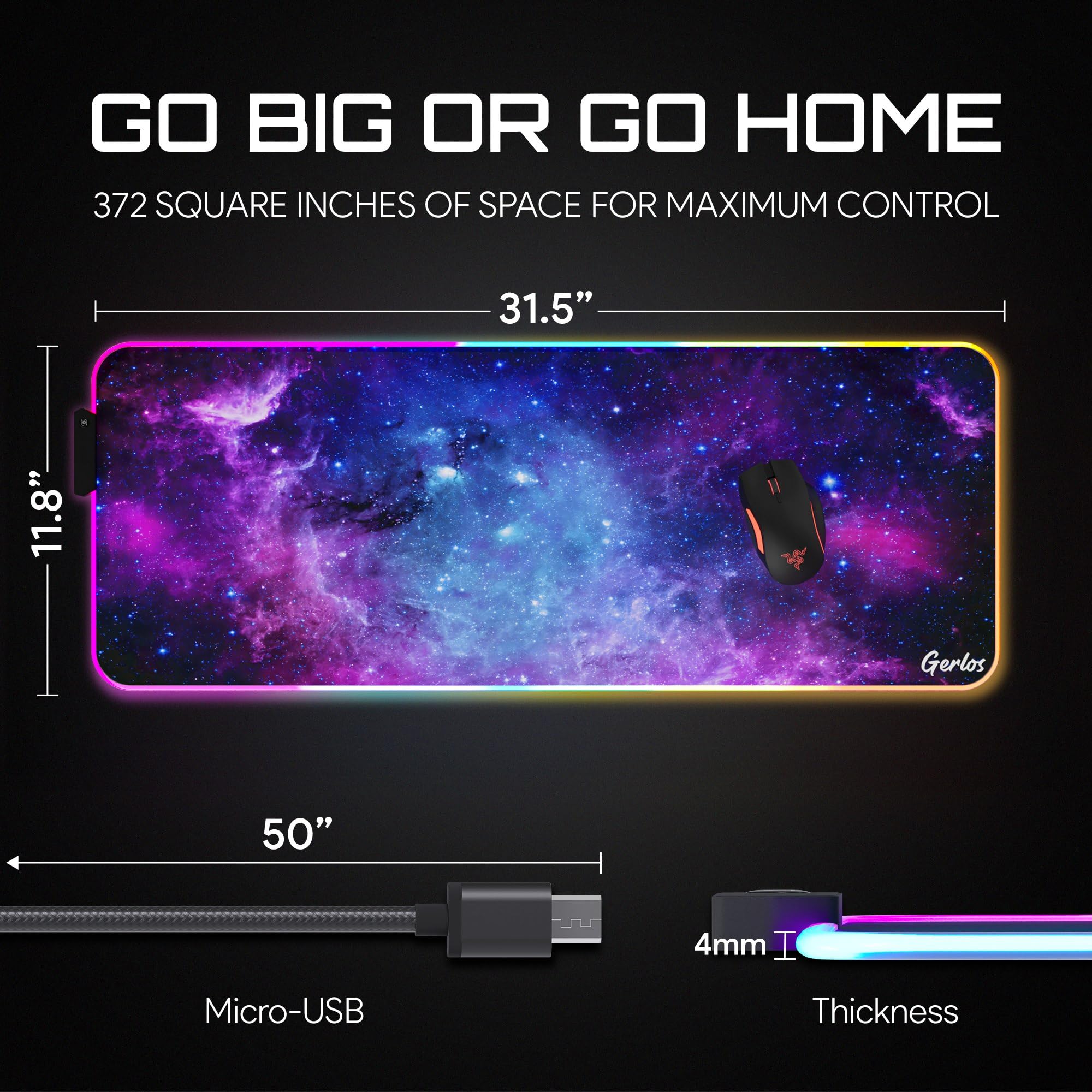 Gerlos RGB Gaming Mouse Pad, Large Extended LED Desk Mat with 12 Light Modes, Non-Slip Rubber Base, Water-Resistant, 31.5×11.8 Inch: Violet