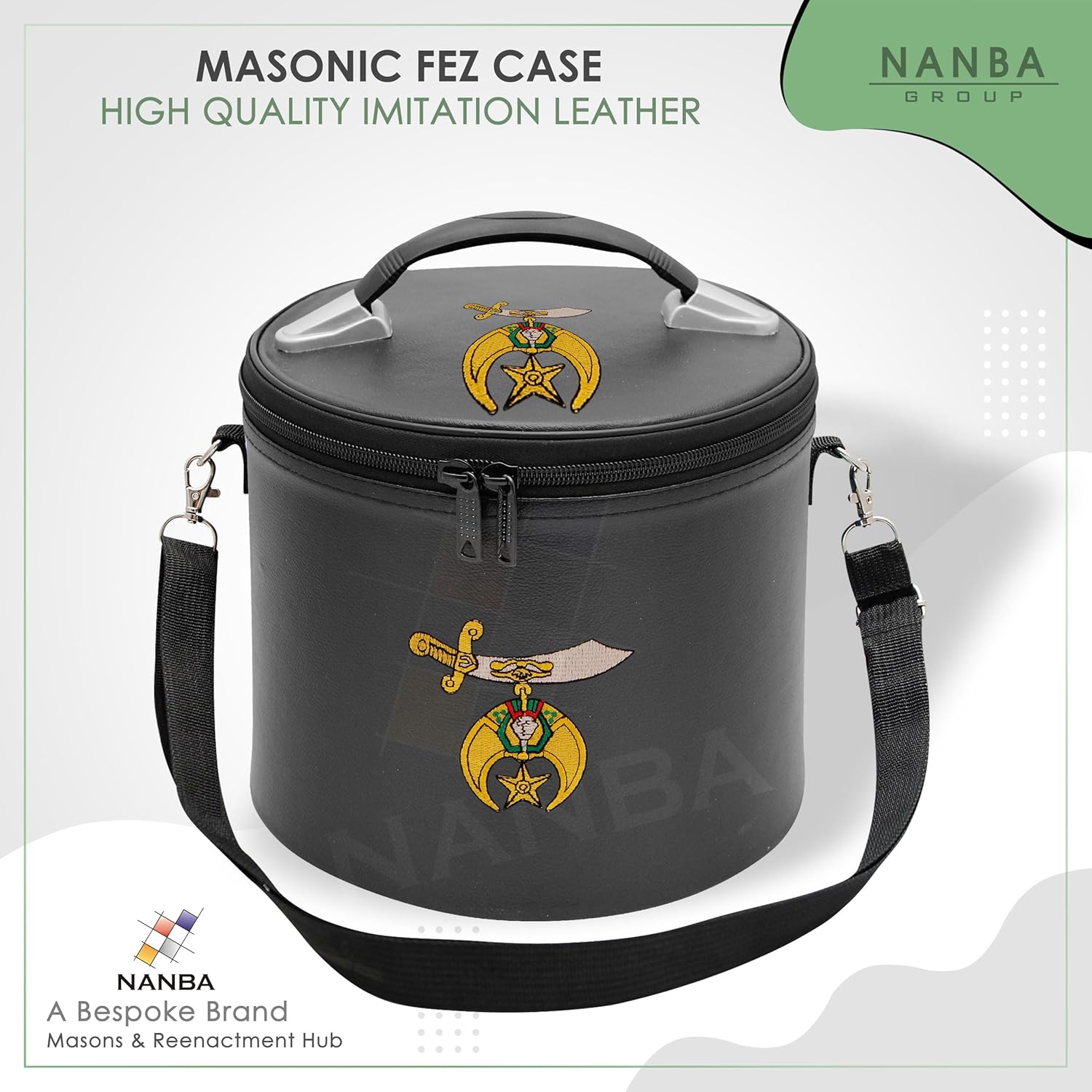 Machine Embroidered Shriner Fez Case – Deluxe Masonic Fez Cap Storage Box with Strap, Imitation Leather Gifts, Display Box for Masonic Fez Hats (Black)