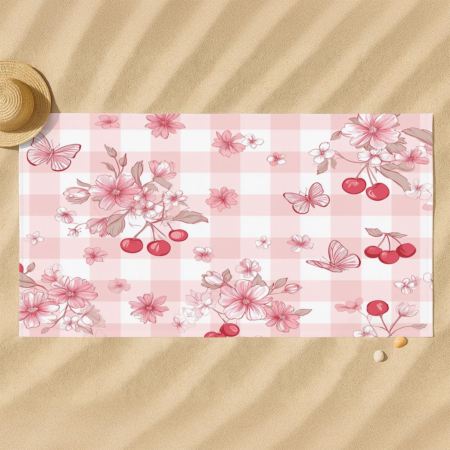 Niedlich, Ländlich, Rustikal, Gingham Strandtuch 230 x 210 cm - Strandtuch trandtuch Leichtdünn Weich Nahtloses Patchwork, Streublümchen, Kirschen,für Strand, Pool, Yoga, Picknick