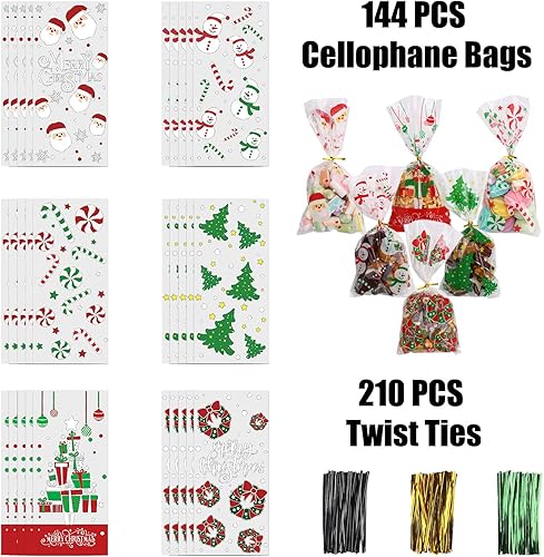 Miniatura 2 de STEFORD 144 bolsas de celofán de Navidad, bolsa de celofán transparente de Navidad con 210 lazos giratorios para recuerdos de fiesta de Navidad