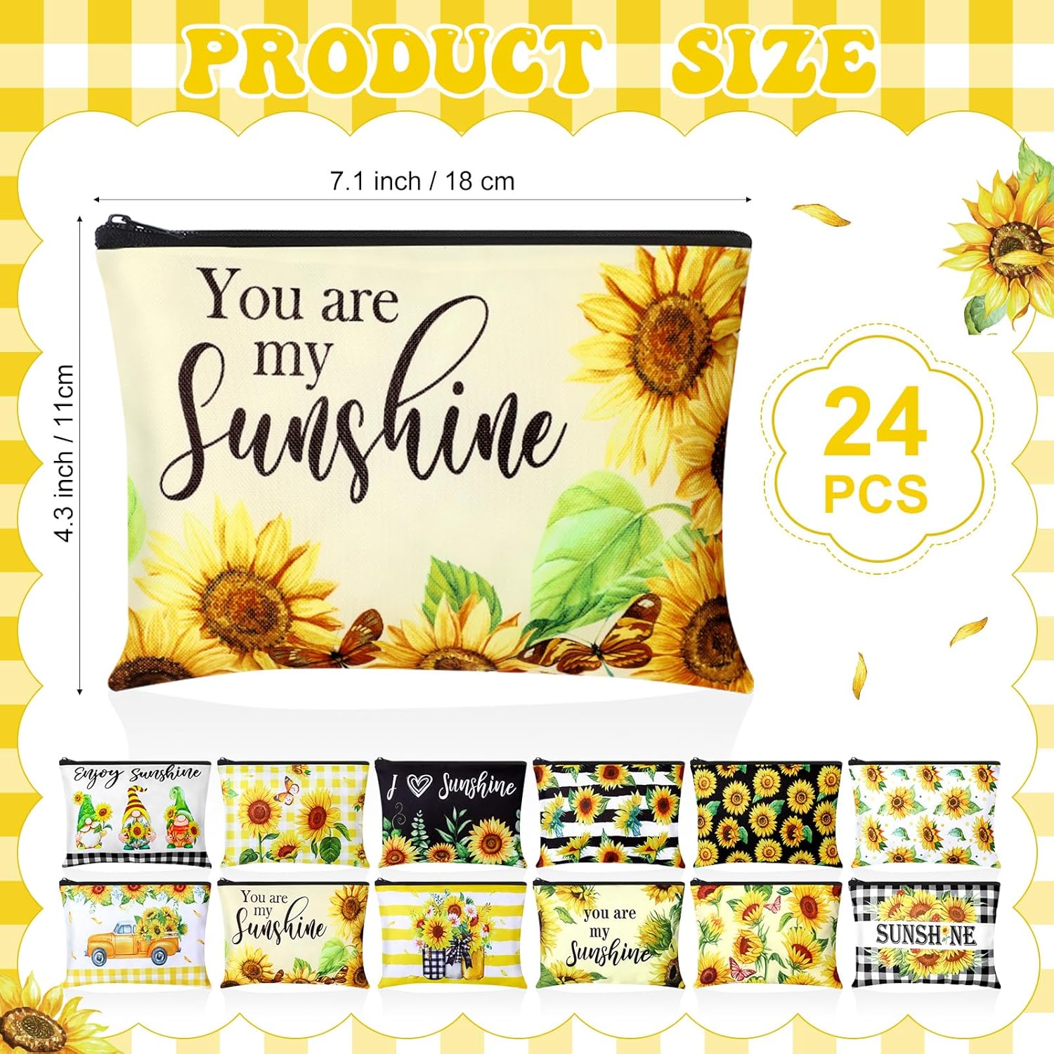 Blosssound 24 Pcs Cosmetic Bags Makeup Bags Bulk Cute Portable Pouches with Zipper Travel Toiletry Organizer Purse Women's Gift Birthday Party Favors(Sunflower)