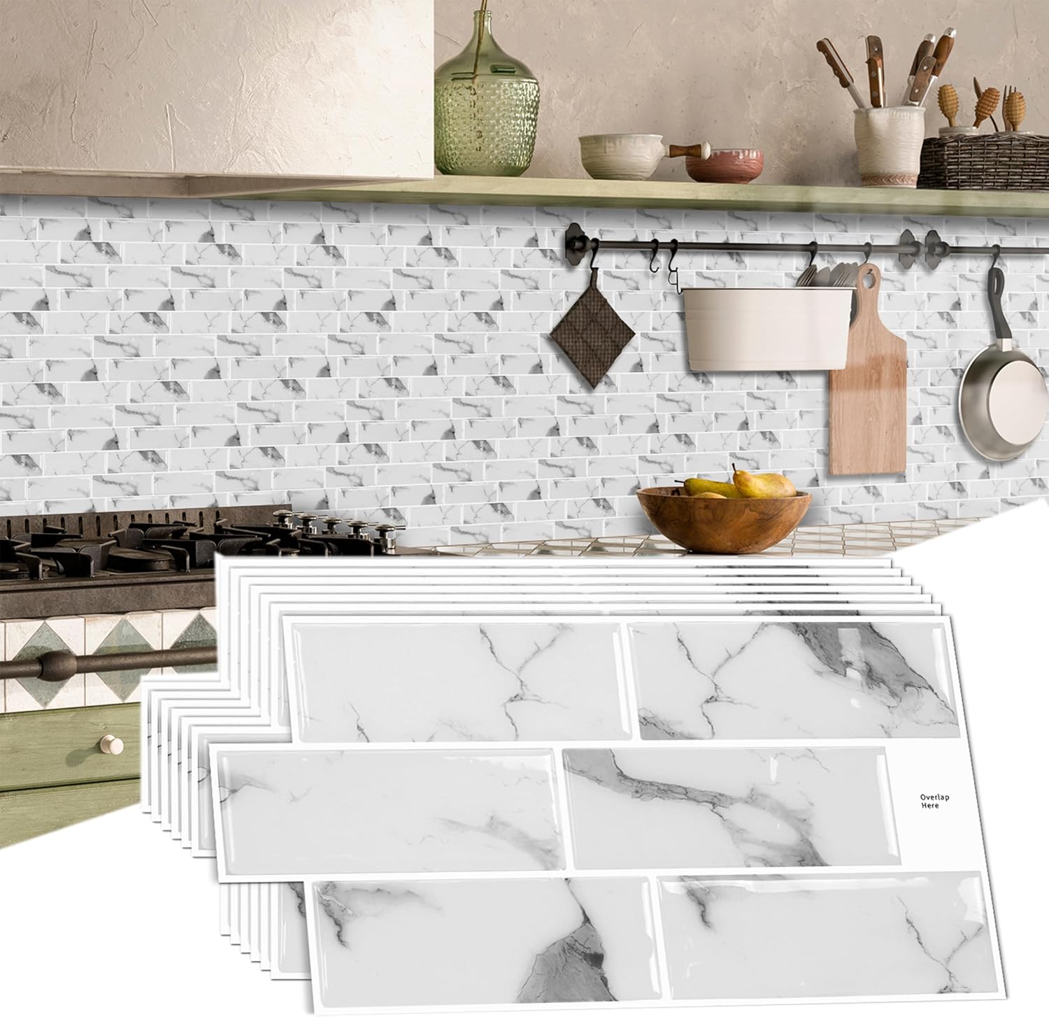 16 Sheets 3D Tile Stickers, Self Adhesive Peel and Stick Tiles Stick on Vinyl Backsplash Waterproof Retro DIY Tiles for Kitchen Bathroom (6"x12")