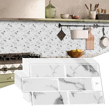 16 Sheets 3D Tile Stickers, Self Adhesive Peel and Stick Tiles Stick on Vinyl Backsplash Waterproof Retro DIY Tiles for Kitchen Bathroom 6"x12"