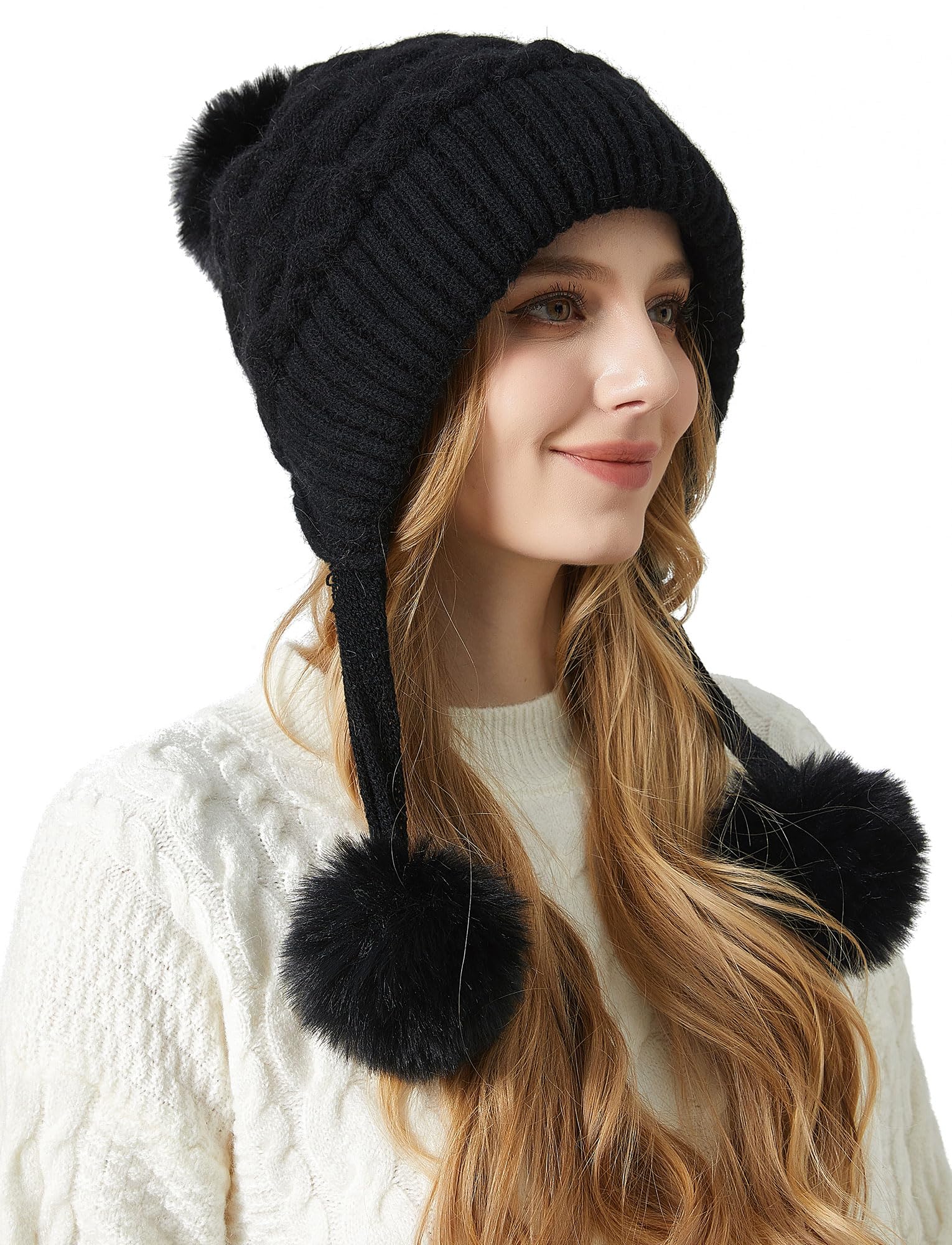 FEOYA Berretto invernale da donna con pompon, in pelliccia sintetica, caldo, foderato in pile, berretto da sci da donna, berretto da neve, nero