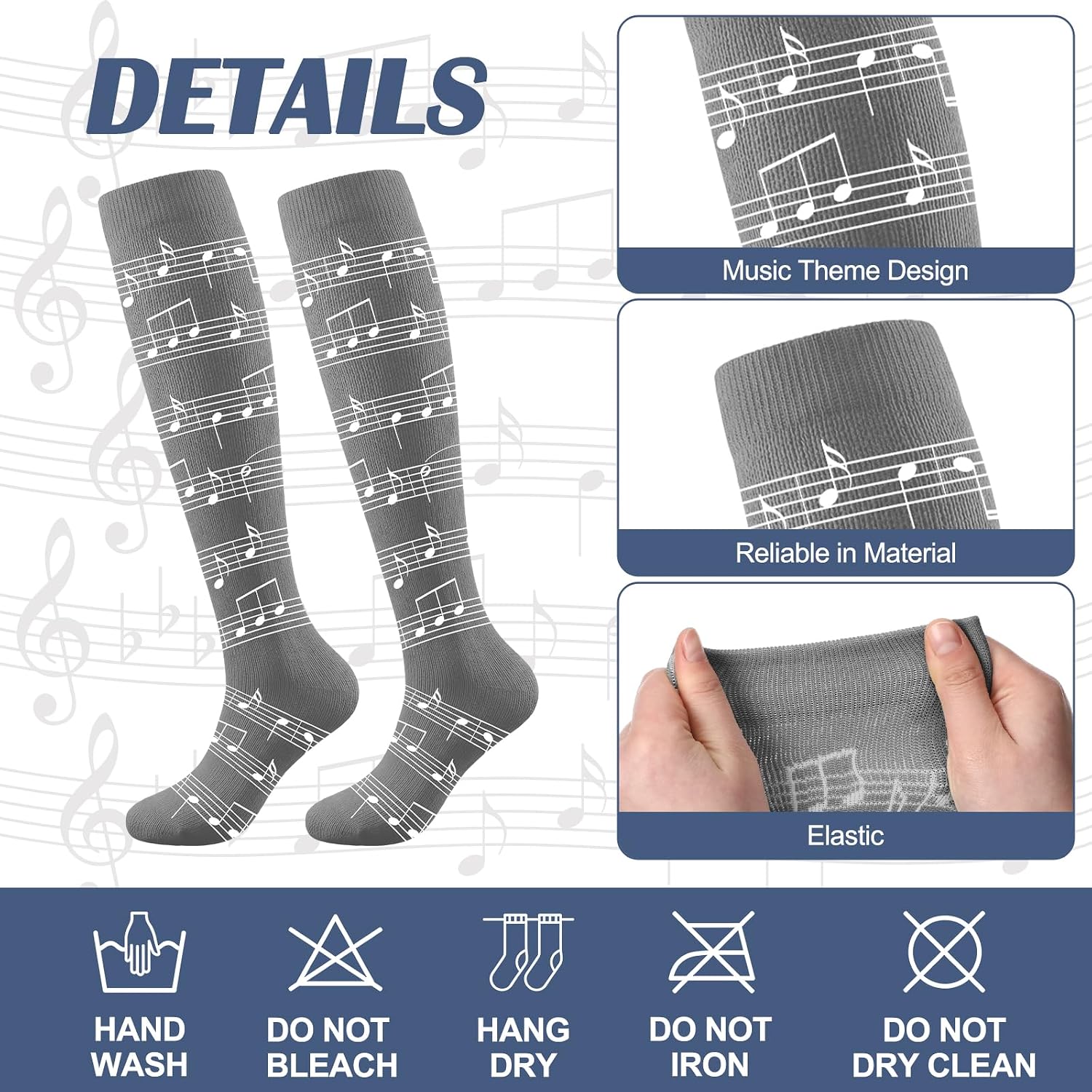 Janmercy 4 Pairs Music Note Compression Socks Women Men, Knee High Novelty Graduation Birthday Gifts for Music Teachers Musicians Piano Lovers Athletic Running Work Hiking Cycling Travel