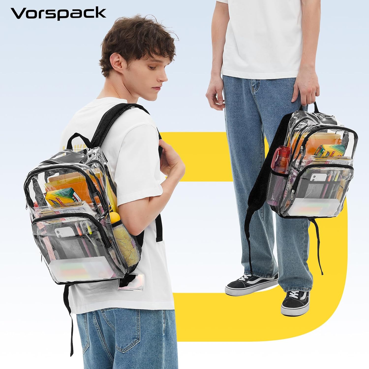 Vorspack Clear Backpack Heavy Duty, Large Transparent Clear Bookbag, Black | See Through Backpacks with Padded Straps, Multi-pockets, Thicker PVC, Plastic Clear Bag for College Work Travel Festival