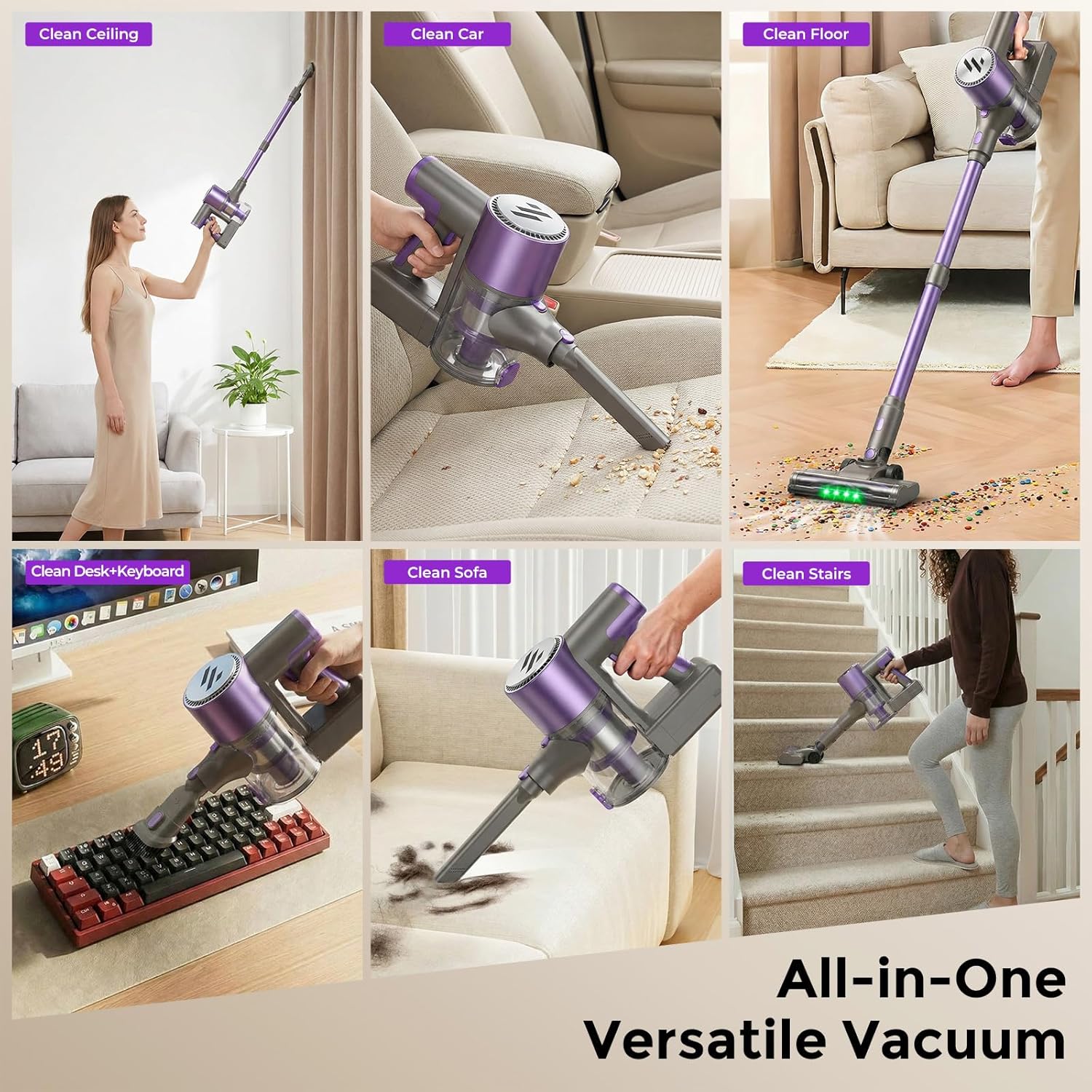 MBTTODF Cordless Vacuum Cleaner,Vacuum Cleaner for Home with Brushless Motor,Lightweight Stick Vacuum with Self-Standing and Touch Screen,Hardwood Floor Vacuum for Pet Hair,Carpets,Tile(Light Purple)