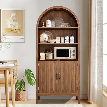 Lxsxlome 70.9in Tall Arched Cabinet with Fluted Doors,Kitchen Pantry Cabinet,5-Tier Bookshelf,Wooden Storage Cabinet for Living Room,Dining Room,Bathroom,Laundry Room