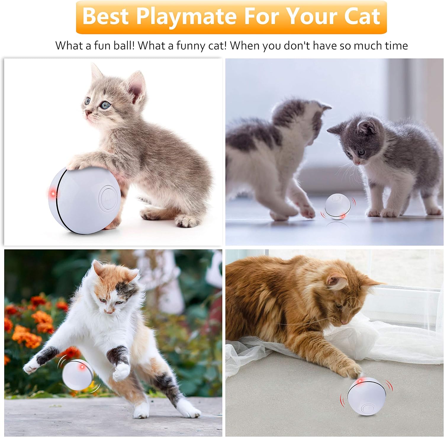 Interactive Cat Toys Ball, Self Rotating Cat Toy, Newest Version USB Rechargeable Pet Toy,Buit-in Spinning LED Light, Stimulate Hunting Instinct for Your Cat/Kitty/Kitten/Pets (White)