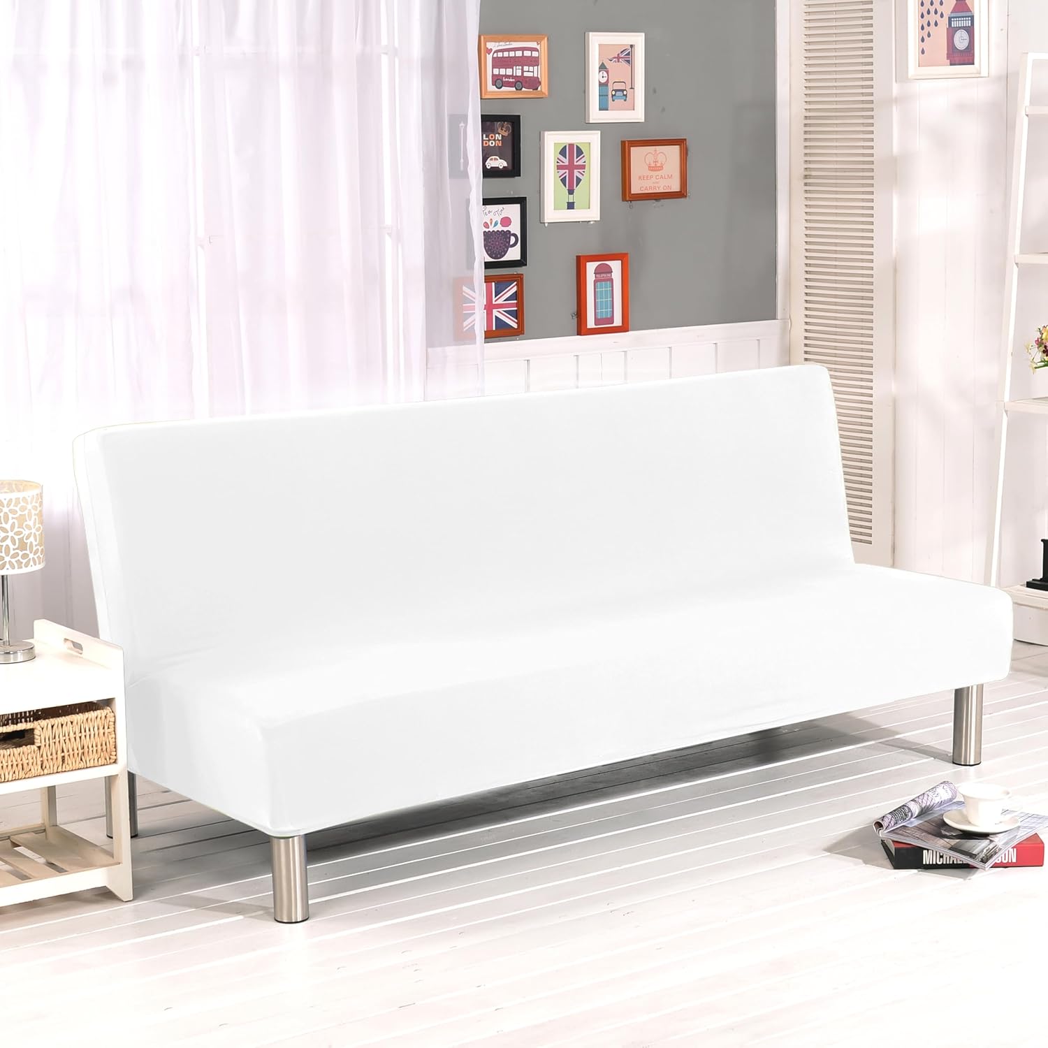 ele ELEOPTION White Armless Sofa Bed Cover Stretch Slipcover Folding Couch Cover Futon Covers Full Size Furniture Protector