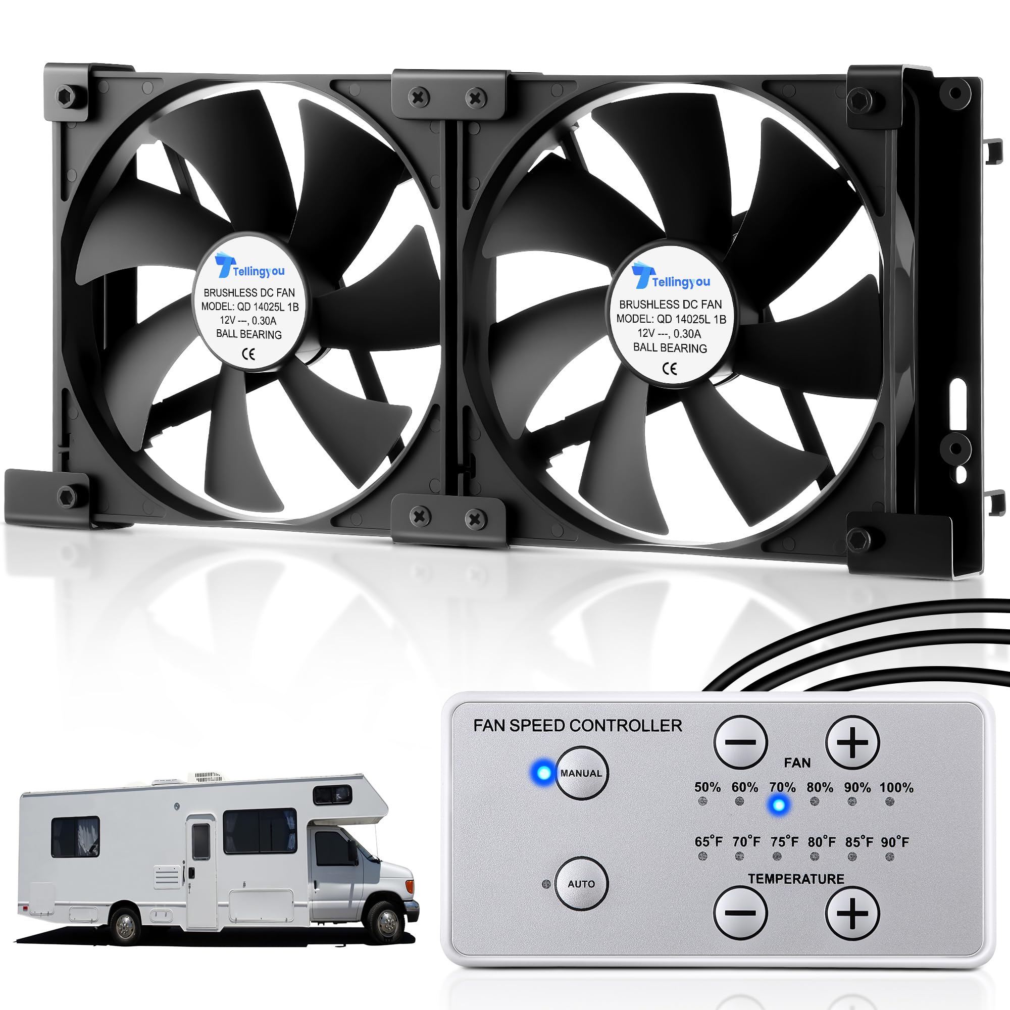 Ventilador de refrigeración de ventilación para refrigerador RV de 12 V de 5.5 pulgadas (140 mm), soportes personalizados para rejillas de ventilación laterales de RV americanas, ajustes de