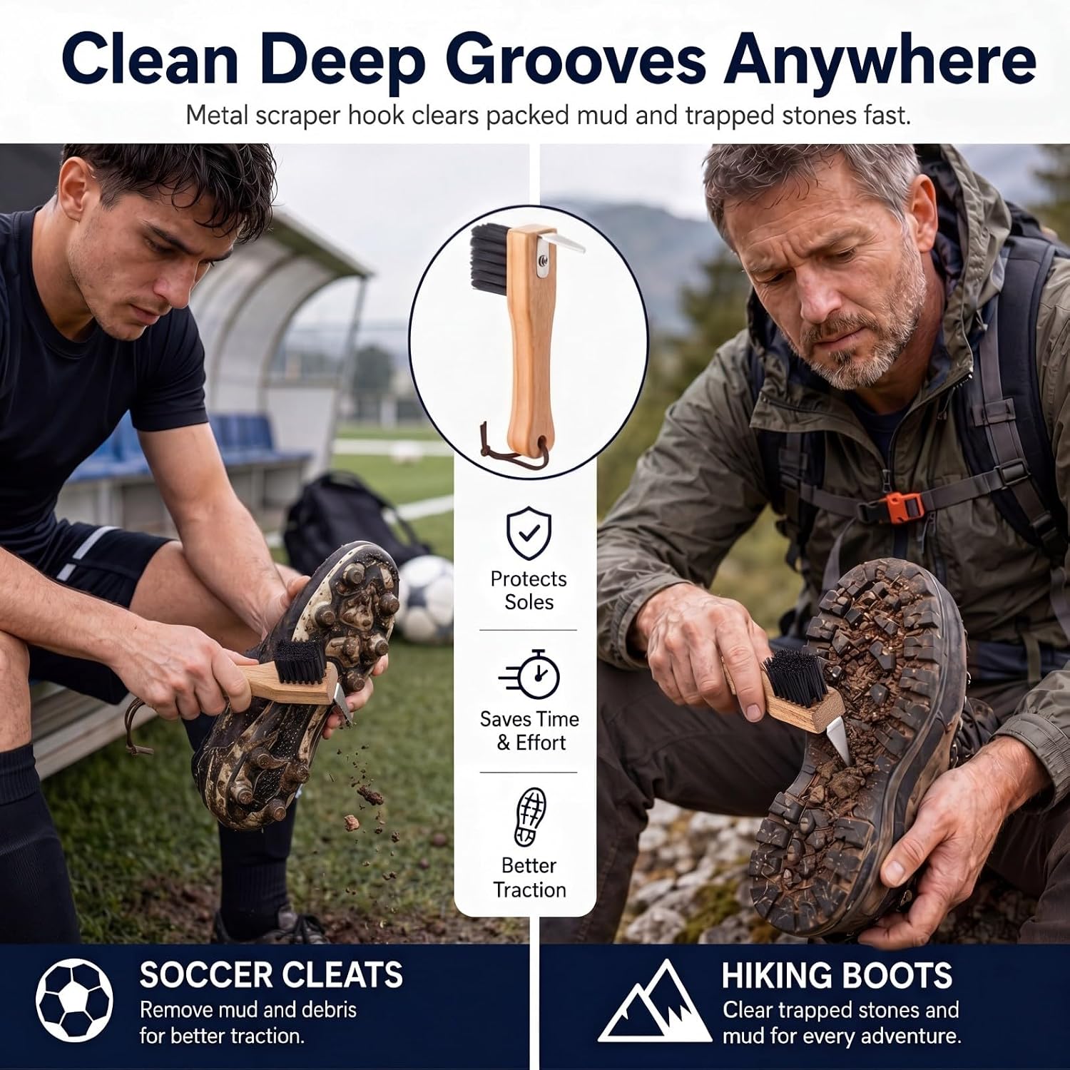 2 Pcs Handheld Shoe Sole Mud Brush with Pick Heavy Duty Stiff Bristles Cleat Scraper Wood Boot Brush for Bottom Mud Remover for Golf Soccer Hiking Boots Farm Outdoor Footwear