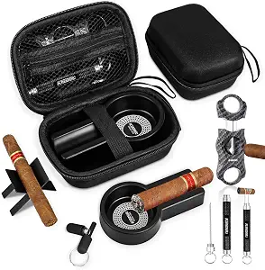 Multifunctional Cigar Accessories, 5-in-1 Kit - V Cigar Cutter, Draw Enhancer, Ashtray, Holder, Punch, with Accessory Bag