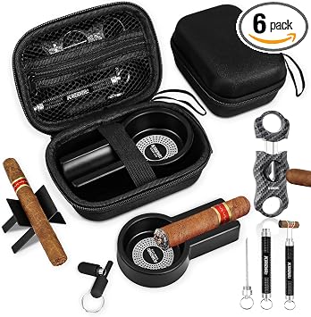 Multifunctional Cigar Accessories, 5-in-1 Kit - V Cigar Cutter, Cigar Draw Enhancer Tool, Cigar Ashtray, Cigar Holder, Cigar Punch, with Accessory Bag for Smoking, Travel, Outdoor, Cigar Gifts for Men