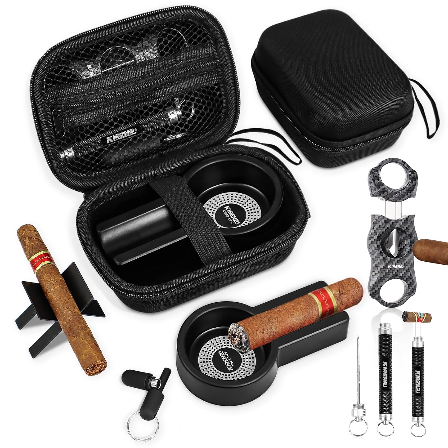 Multifunctional Cigar Accessories, 5-in-1 Kit - V Cigar Cutter, Cigar Draw Enhancer Tool, Cigar Ashtray, Cigar Holder, Cig...