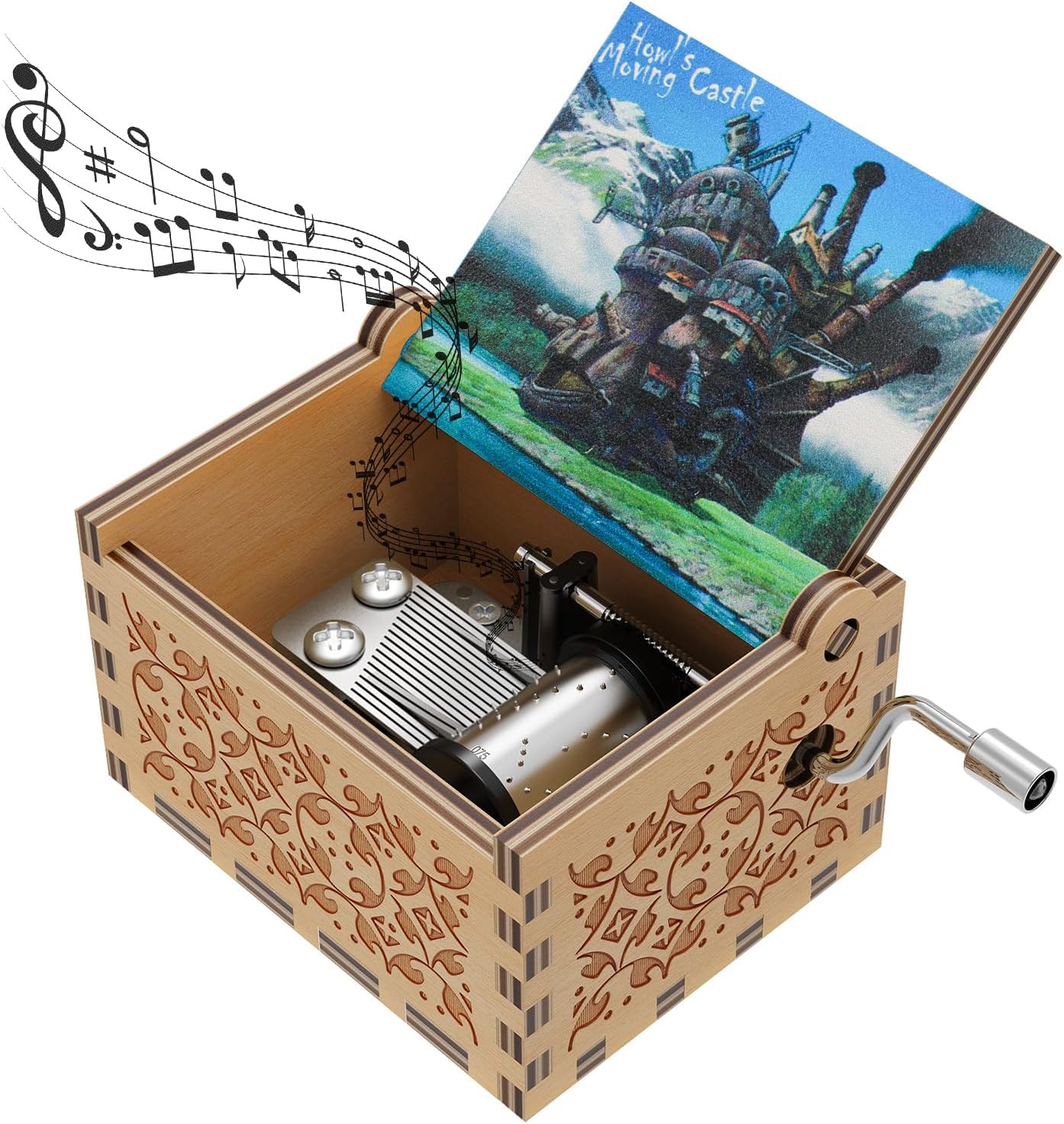 Howl's Moving Castle Wood Music Box,Anime Theme Music Merry Go Round of Life Wooden Hand Cranked Musical Boxes New Year Birthday Gift (Wood2)