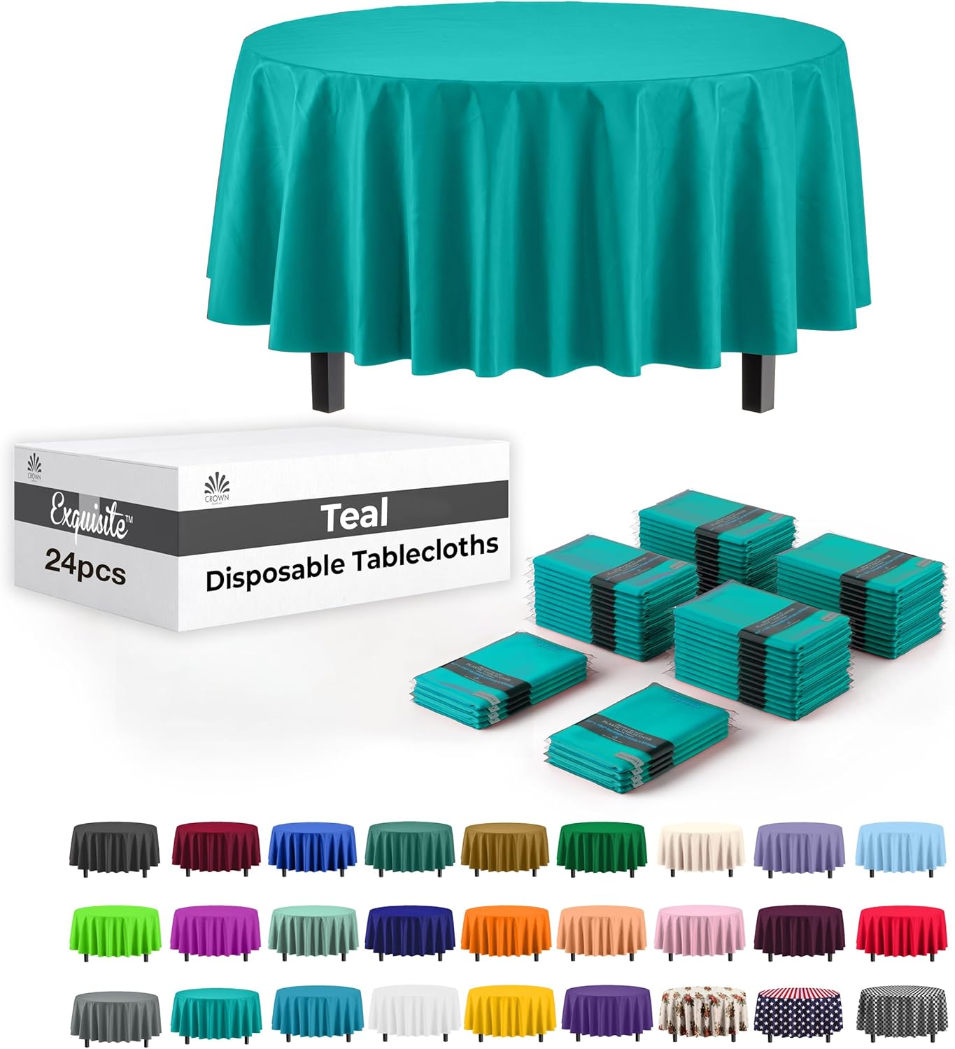 Party Solids Teal Round Plastic Tablecloth - 84 Inch, Pack Of 24