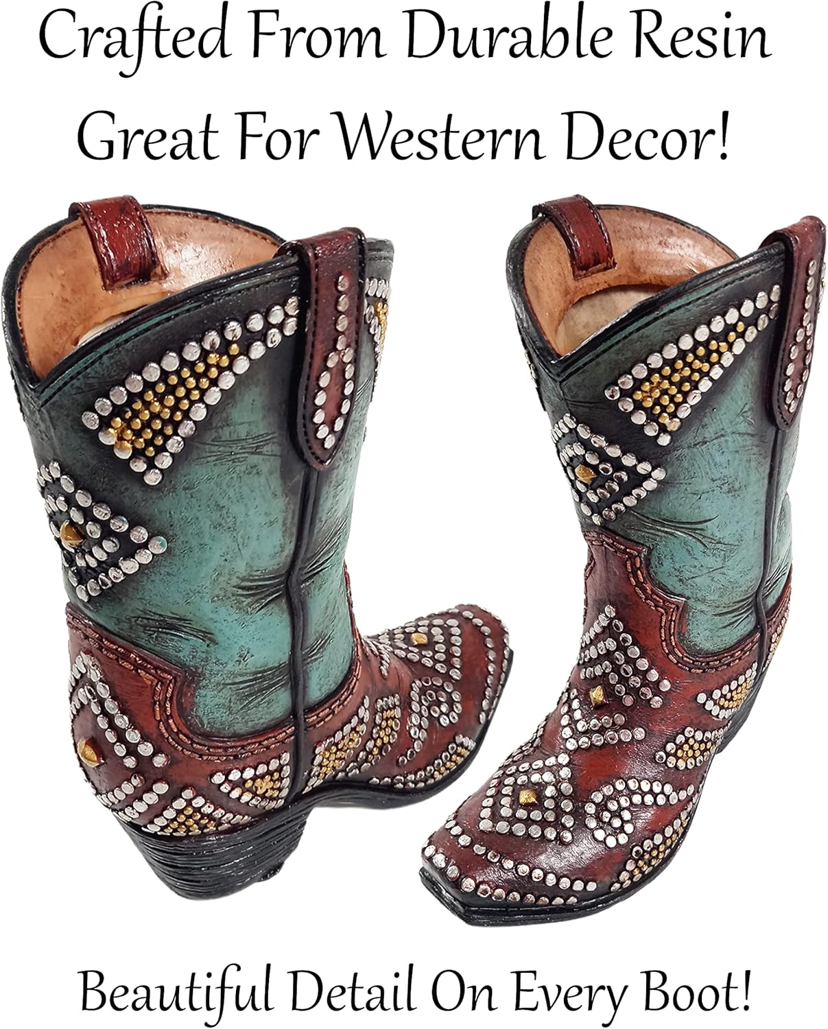 Urbalabs Western Cowboy Boot Vase 7 Inch Brown and Teal Silver Studded Vase Decorative Cowboy Boots Vases Home Office Rustic Decor Country Living Wedding Centerpiece