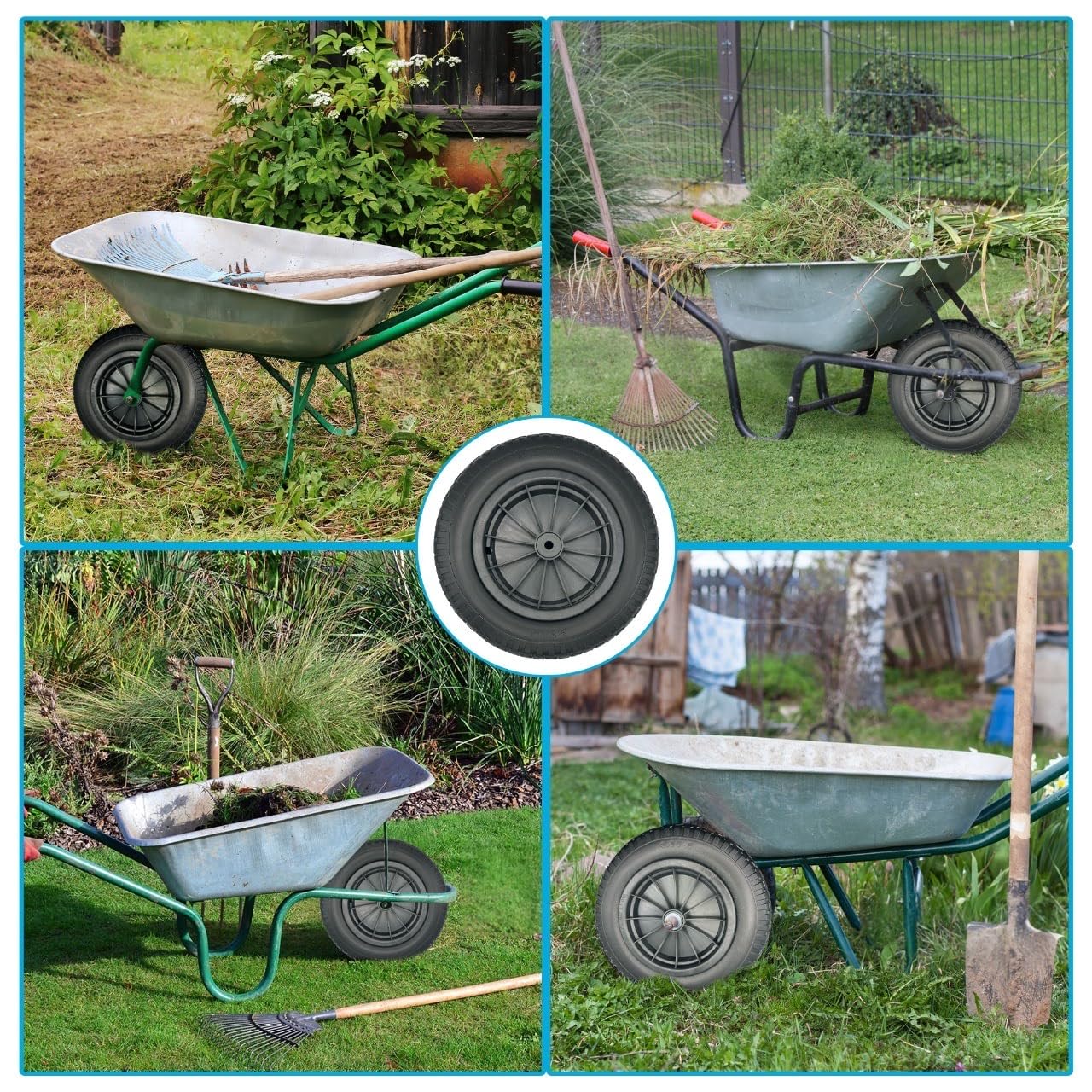 35,6 cm (14 Zoll) solider PU-Schubkarrenreifen 3,50–8 – Schubkarrenrad-Ersatz, strapazierfähiger, pannensicherer Reifen für Sackkarre mit 120 mm Bolzen, 100 mm Hülse und Mutter und 1,27 cm